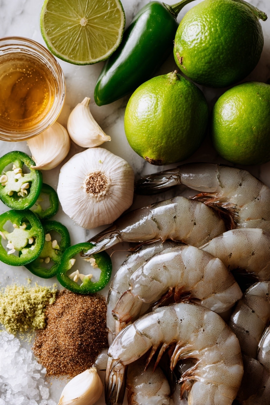 Jalapeño Lime Shrimp, spicy shrimp recipes, easy seafood dinner, citrus marinated shrimp, quick shrimp skillet - Flat lay of large raw shrimp with a glossy pinkish-gray shell, bright fresh jalapeños sliced to show their vibrant green skin and seeds, whole garlic cloves with papery white skin, a halved lime showing its juicy bright green flesh alongside whole limes with textured rinds, a small pile of golden honey glistening under the light, scattered lime zest in fine green shreds, and a heap of warm brown ground cumin powder, all arranged naturally with slight overlaps and soft shadows, placed on white marbled surface, photo taken with an iphone --ar 2:3 --v 7