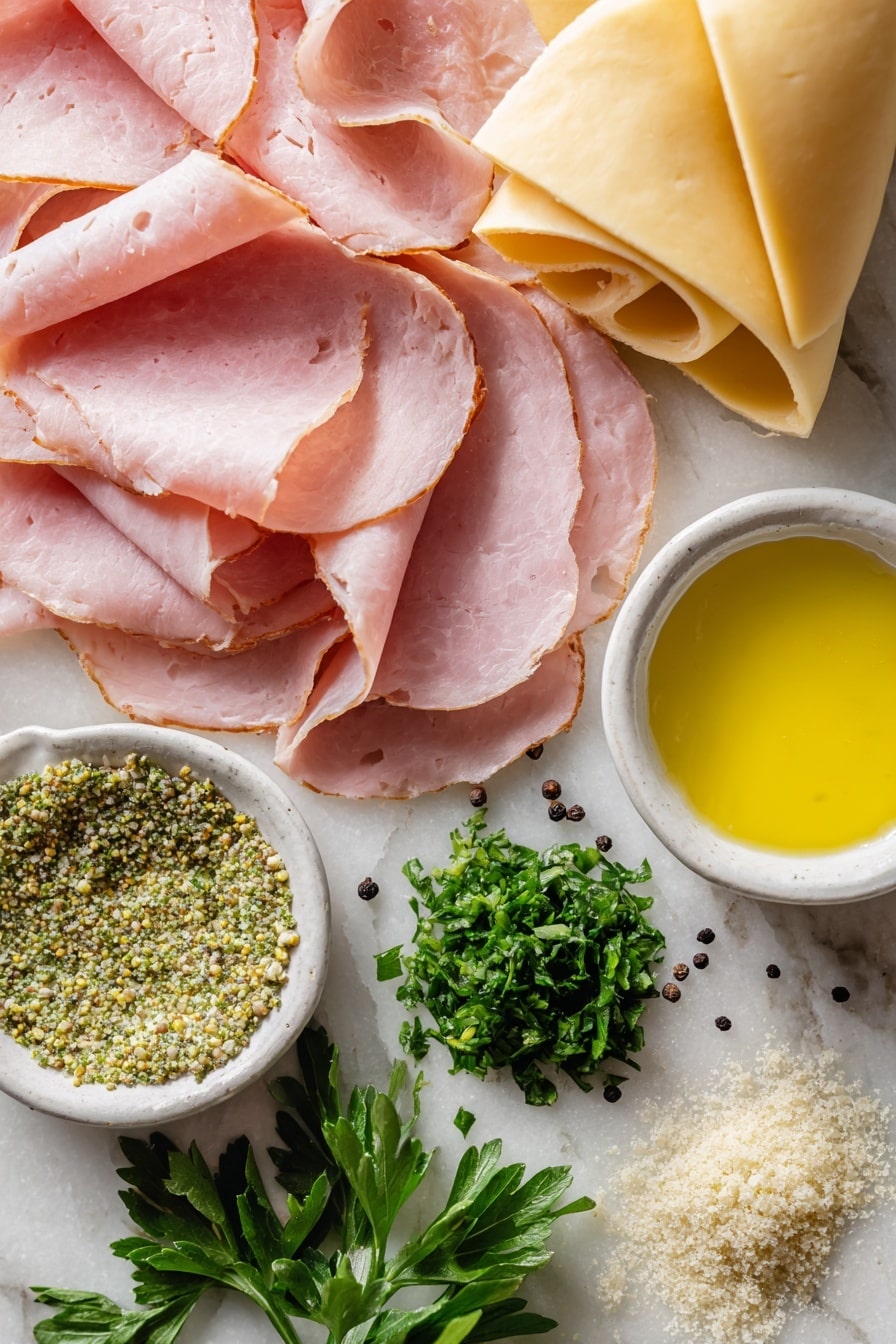 Ham and Cheese Pinwheels, savory pinwheels, easy party snacks, quick appetizer recipes, crescent dough pinwheels - Flat lay of thinly sliced delicate pink deli ham arranged in soft folds, smooth pale yellow Swiss cheese slices layered nearby, a shiny golden tube of crescent roll dough partially unrolled showing its soft, pillowy texture, a small mound of bright green finely chopped fresh Italian parsley, a small heap of tiny black poppy seeds providing contrast, a glossy pool of melted butter catching the light, a dollop of smooth Dijon mustard with a rich yellow color, sprinkled lightly with pale beige garlic powder, all placed on white marbled surface, photo taken with an iphone --ar 2:3 --v 7