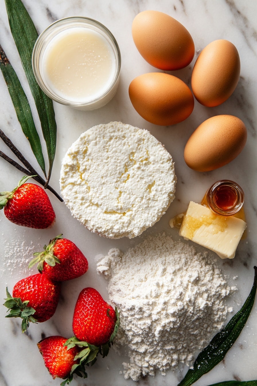 Fluffy Ricotta Pancakes with Strawberries and Maple Syrup, ricotta pancake recipe, easy breakfast recipes, fluffy pancake ideas, strawberry breakfast recipes - Flat lay of fresh whole ricotta cheese with its creamy white texture, three large brown eggs with smooth shells, a small pile of caster sugar sparkling softly, a glass of full-fat milk showing its creamy white color, a vanilla bean or small bottle of vanilla extract with warm amber hues, a small mound of pale all-purpose flour with a fine powdery texture, fresh bright red strawberries cut in halves and quarters revealing their juicy seeds, and a small pat of golden melted butter glistening gently, all naturally arranged with some sprigs of green vanilla leaves for contrast, placed on white marbled surface, photo taken with an iphone --ar 2:3 --v 7