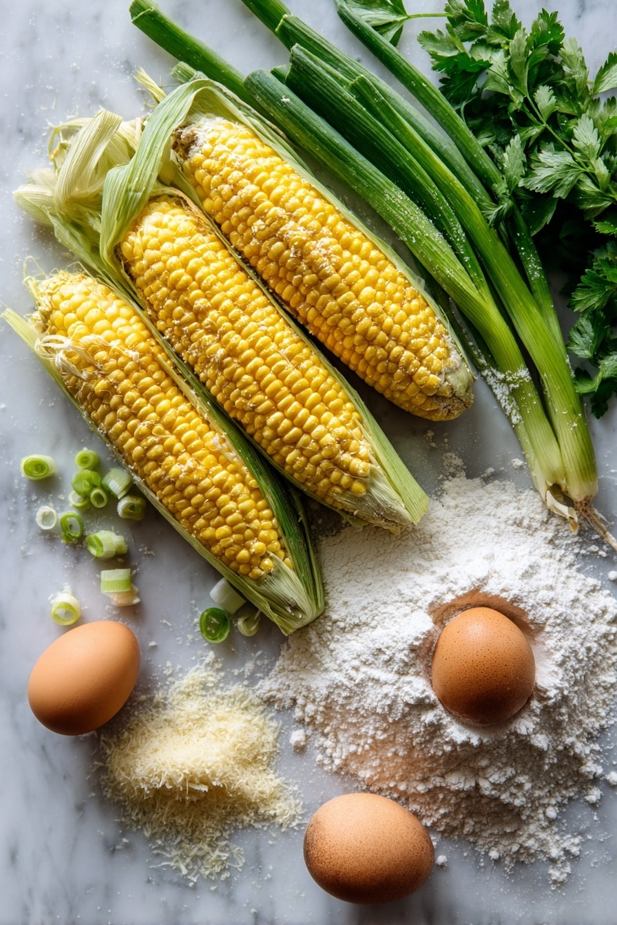 Extra Crispy Corn Fritters, crispy corn fritters recipe, homemade corn fritters, best corn fritters, crunchy corn fritters - Flat lay of fresh bright yellow corn kernels still on the cob partially shucked to reveal plump rows, vibrant green sliced spring onions with crisp texture, a handful of fresh coriander leaves with delicate jagged edges and deep green color, a small pile of finely grated pale ivory parmesan cheese, a single large smooth brown egg, and a small mound of fine white all-purpose flour alongside a separate pile of soft white cornflour, all arranged naturally with some kernels scattered gently around, placed on white marbled surface, photo taken with an iphone --ar 2:3 --v 7