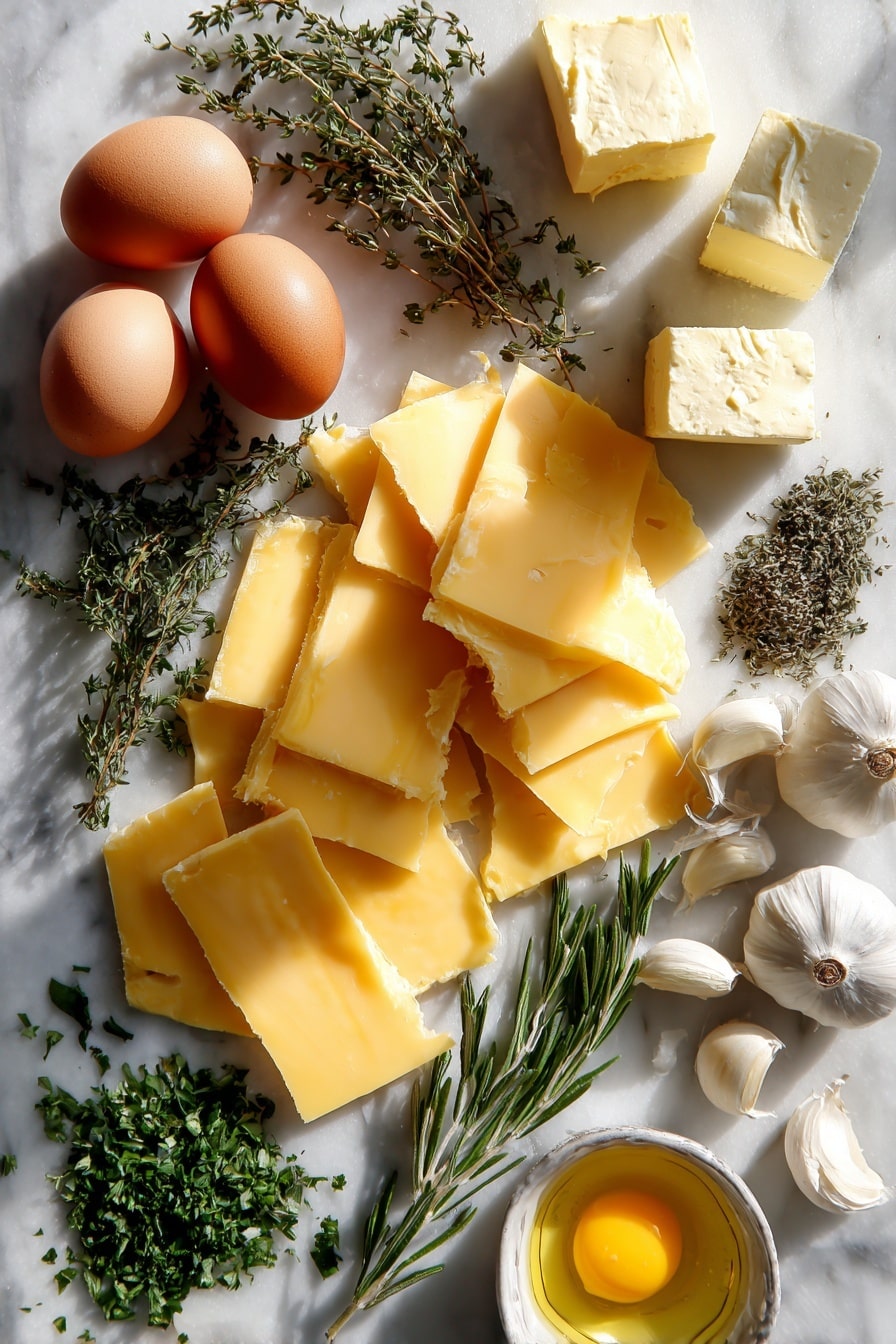 Cheese, Garlic and Herb Quick Bread No Yeast, savory quick bread with cheese and herbs, easy garlic bread without yeast, homemade cheesy herb bread, quick bread recipes - Flat lay of thick slices of golden cheddar cheese with random widths creating natural ribbons, fresh green rosemary sprigs finely chopped, bright flat parsley leaves scattered loosely, plump whole garlic cloves with papery skin intact, a small pile of dried oregano and thyme in soft earthy tones, creamy unsalted butter blocks showing smooth texture, whole brown eggs with glossy shells, and a small puddle of golden extra virgin olive oil reflecting light, all beautifully arranged with balanced spacing and natural shadows, placed on white marbled surface, photo taken with an iphone --ar 2:3 --v 7