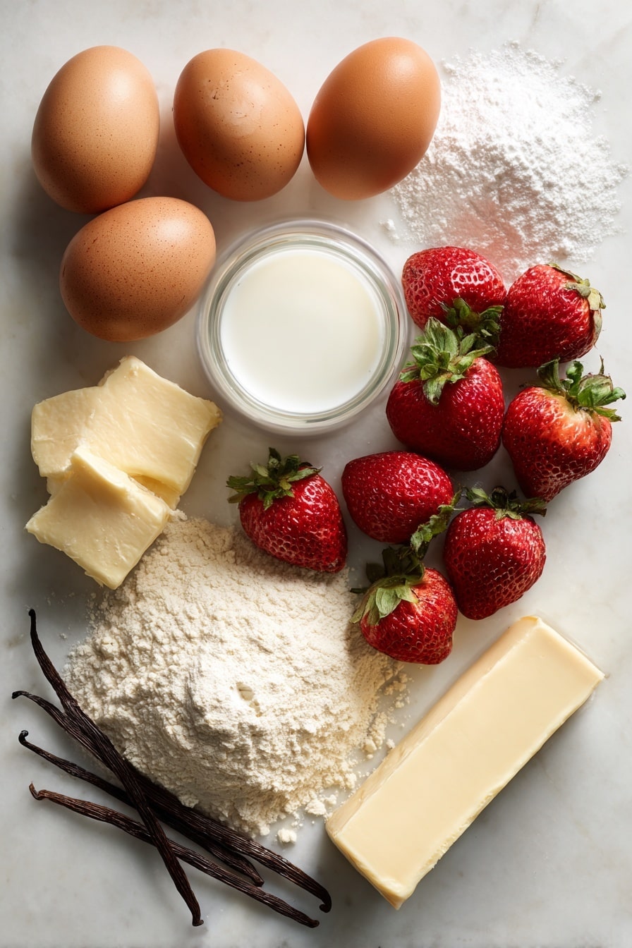 Really Great Waffles, easy waffle recipe, homemade waffles, crispy golden waffles, brunch waffle ideas - Flat lay of fresh large brown eggs with smooth shells, a small mound of fine white caster sugar sparkling softly, a pile of pale all-purpose flour with a delicate powdery texture, a stick of golden unsalted butter glistening slightly, a small glass of creamy full-fat milk reflecting light, fresh bright red strawberries with green leafy tops, a cluster of glossy amber maple syrup in a small spill, and a few vanilla pods showcasing their rich dark brown color and wrinkled texture, all naturally arranged with gentle overlaps and spacing to highlight their colors and textures, placed on white marbled surface, photo taken with an iphone --ar 2:3 --v 7