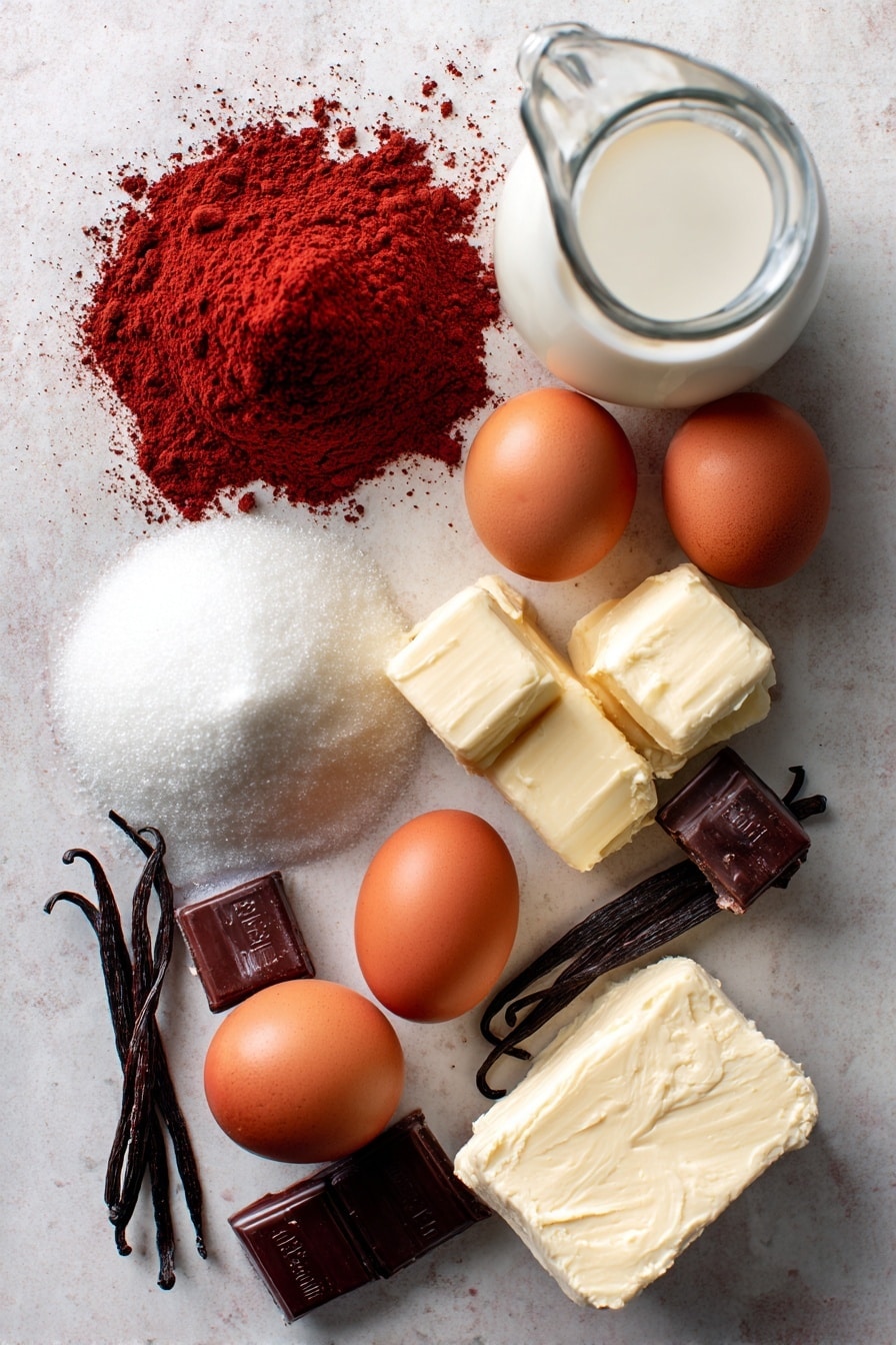 Red Velvet Cake, Red Velvet Cake Recipe, Moist Red Velvet Cake, Classic Red Velvet, Easy Red Velvet Cake - Flat lay of rich unsweetened cocoa powder in a small heap, bright red gel food coloring vibrant and glossy in a dropper bottle, smooth unsalted butter blocks with a pale yellow creamy texture, fresh brown eggs with clean shells, a glass jug of white buttermilk showing its creamy liquid, a mound of superfine white caster sugar sparkling like tiny crystals, vanilla beans with dark brown wrinkled pods and tiny seeds spilling out, and a block of smooth cream cheese with a soft but firm texture, all beautifully arranged in a natural, slightly scattered style showing contrasts of color and texture, placed on white marbled surface, photo taken with an iphone --ar 2:3 --v 7