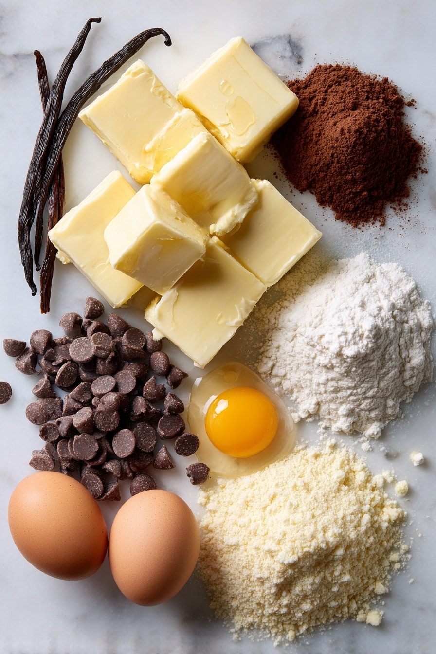 Soft Easy Chocolate Chip Cookies, chocolate chip cookie recipe, chewy cookies, quick cookie recipe, homemade chocolate chip cookies - Flat lay of rich unsalted butter cut into neat cubes with a creamy pale yellow color, light and dark brown sugar heaps showing coarse and fine textures, glossy semi-sweet chocolate chips scattered naturally along with smooth eggs and a separated egg yolk glowing a soft orange, a small mound of all-purpose flour with a fine powdery texture, and a vanilla bean pod or bottle with golden vanilla extract droplets nearby, all arranged beautifully with a balance of warm and neutral tones, placed on white marbled surface, photo taken with an iphone --ar 2:3 --v 7