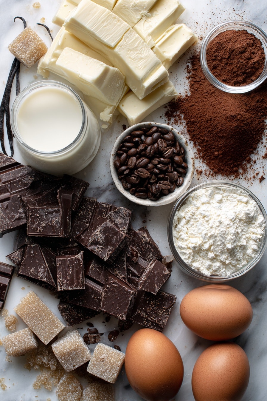 Vanilla Cream Filled Chocolate Ganache Cupcakes, chocolate cupcakes with vanilla cream filling, decadent chocolate cupcakes with ganache, homemade vanilla cream cupcakes, rich chocolate dessert cupcakes - Flat lay of rich dark chocolate chunks with glossy smooth texture, deep brown cocoa powder dusted lightly nearby, glossy coffee granules in a small pile, fluffy white vanilla pods slightly curled, creamy off-white blocks of cream cheese with soft texture, fresh eggs with smooth, shiny brown shells, a small glass of pale creamy milk, and a scattering of soft brown packed brown sugar crystals, all beautifully arranged with natural spacing and gentle shadows, placed on white marbled surface, photo taken with an iphone --ar 2:3 --v 7