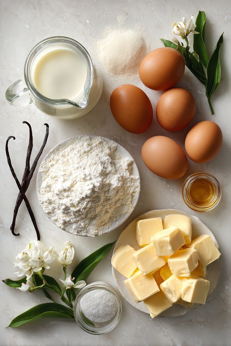 Moist Vanilla Cupcakes, Vanilla Cupcakes Stay Fresh, Fluffy Vanilla Cupcakes, Easy Vanilla Cupcake Recipe, Long-Lasting Vanilla Cupcakes - Flat lay of fresh large brown eggs with smooth shells, a small pile of pure white all-purpose flour with a fine texture, creamy yellow unsalted butter cut into perfect cubes, a glass jug of full-fat milk with a silky surface, small glass bottle of rich golden vanilla extract, a scattering of fine white superfine sugar crystals, a few glossy vanilla bean pods, and a delicate sprig of green vanilla orchid leaves, all beautifully arranged in a natural, slightly scattered pattern highlighting their distinct colors and textures, placed on white marbled surface, photo taken with an iphone --ar 2:3 --v 7