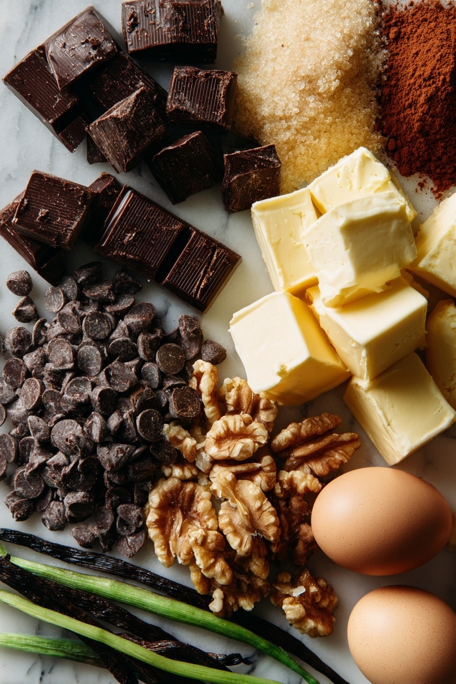 Easy Chocolate Brownies, fudgy brownies, chocolate brownie recipe, quick brownie ideas, homemade chocolate desserts - Flat lay of rich dark chocolate chunks and glossy dark chocolate chips scattered alongside smooth cubes of pale golden unsalted butter, a small heap of light brown soft brown sugar crystals catching the light, a pile of roughly chopped walnuts showing their textured, creamy interiors, deep reddish-brown cocoa powder dusted gently, cream-colored eggs with smooth shells, and fresh green vanilla pods curling naturally among them all, placed on white marbled surface, photo taken with an iphone --ar 2:3 --v 7