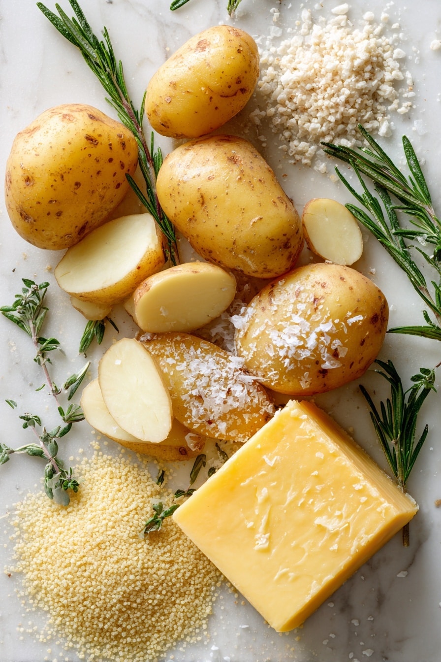 Duck Fat Potatoes, Crispy Roast Potatoes, Best Roast Potatoes, Easy Roast Potato Recipe, Golden Roast Potatoes - Flat lay of whole russet potatoes with golden-yellow skin and creamy white flesh visible on some cut pieces, a small pile of pale beige semolina grains, a rich golden block of solid duck fat with a slightly translucent sheen, fresh bright green rosemary sprigs with needle-like leaves, coarse white sea salt flakes sparkling subtly, all naturally arranged with some scattered semolina and rosemary leaves, placed on white marbled surface, photo taken with an iphone --ar 2:3 --v 7