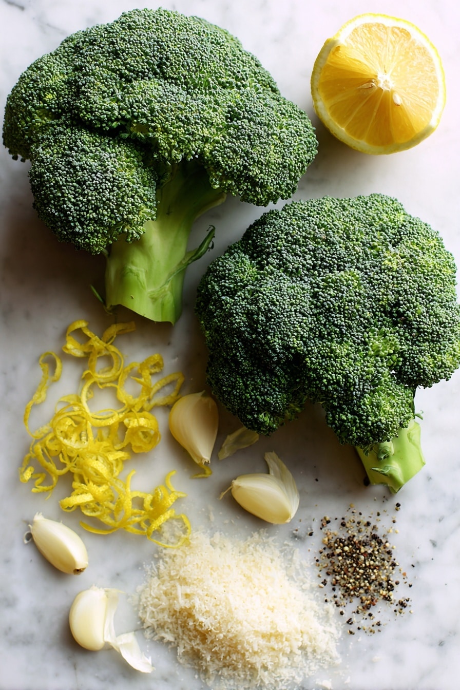 Magic Broccoli, roasted broccoli with garlic and lemon, cheesy broccoli side dish, healthy vegetable side, easy broccoli recipe - Flat lay of two large vibrant green broccoli heads with tight, textured florets, scattered thin slices of fresh white garlic cloves, bright yellow lemon zest curls and a small wedge of lemon with glossy, juicy pulp, a small pile of finely grated pale ivory parmesan cheese with its delicate, crumbly texture, and a few sprinkles of coarsely ground black pepper crystals, all naturally arranged with slight overlaps and soft shadows, placed on white marbled surface, photo taken with an iphone --ar 2:3 --v 7