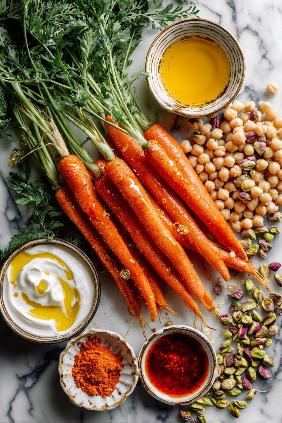 Spicy Maple Roasted Carrots with Crispy Chickpeas and Yogurt Sauce, roasted carrots with spicy maple glaze, healthy roasted vegetable dishes, chickpea appetizer recipes, flavorful veggie side dishes - Flat lay of vibrant orange Dutch carrots with fresh green tops intact, glossy golden maple syrup drizzled over them, deep red sriracha sauce in a small puddle, plump beige chickpeas sprinkled with reddish smoked paprika powder, creamy white yogurt swirled gently with bright yellow lemon juice, fresh green coriander leaves scattered delicately, and crushed pistachios showing shades of green and purple shells, all naturally arranged with some ingredients overlapping slightly, placed on white marbled surface, photo taken with an iphone --ar 2:3 --v 7