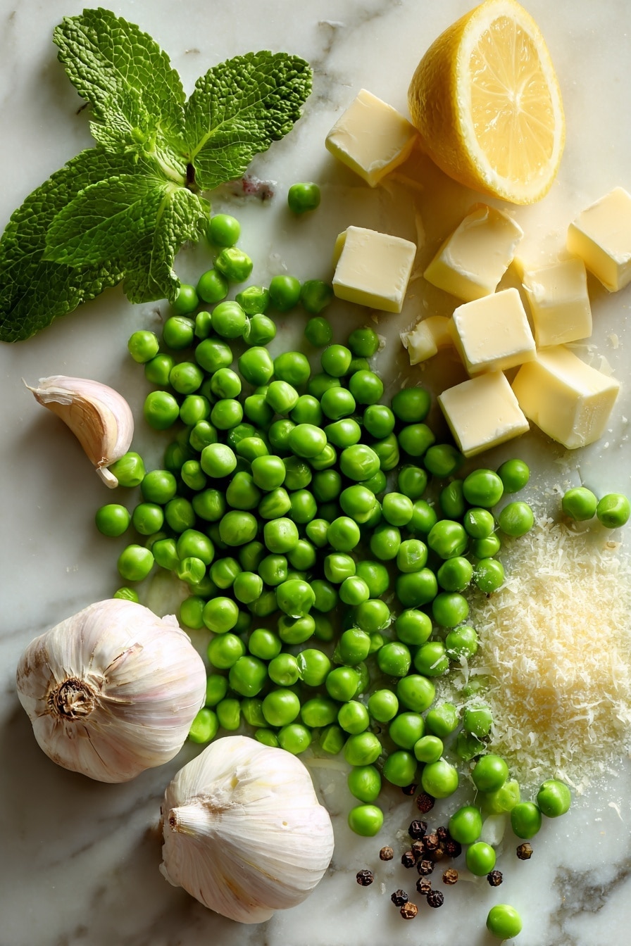 Garlic Buttered Peas, garlic butter peas, quick green vegetable side, easy peas side dish, healthy vegetable recipes - Flat lay of bright green frozen peas scattered beside two whole garlic cloves with papery white skins, a small pile of golden unsalted butter cubes melting slightly, a few fresh mint leaves with rich green color and delicate texture, a small heap of coarse black peppercorns, a thin wedge of lemon showing vibrant yellow rind and juicy pulp, and a modest sprinkle of pale parmesan shavings with a crumbly texture, all naturally arranged in a casual yet balanced composition, placed on white marbled surface, photo taken with an iphone --ar 2:3 --v 7