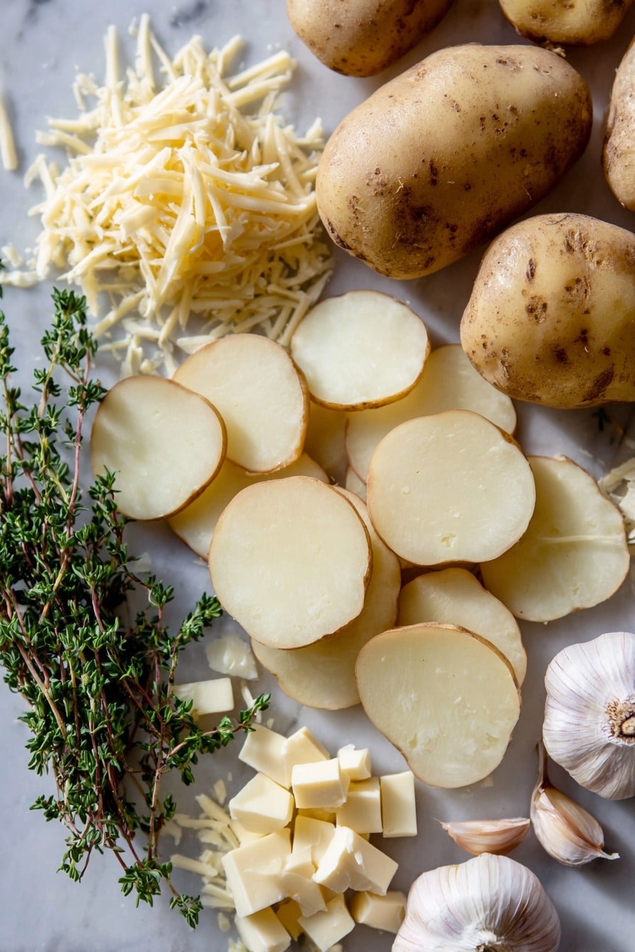 Cheesy Potato Gratín Stacks, potato gratin stacks, cheesy potato side dish, cheesy potato stacks recipe, elegant potato appetizer - Flat lay of large starchy potatoes with smooth light brown skin and creamy white flesh thinly sliced into rounds, small bright green fresh thyme sprigs with delicate leaves, pale yellow cubes of unsalted butter with soft texture, whole garlic cloves with white papery skin and some finely minced garlic pieces showing their moist interior, handful of shredded pale golden Gruyere cheese strands, all beautifully arranged in a natural, slightly overlapping pattern. The ingredients display a variety of soft and firm textures with gentle earthy and fresh colors, placed on white marbled surface, photo taken with an iphone --ar 2:3 --v 7