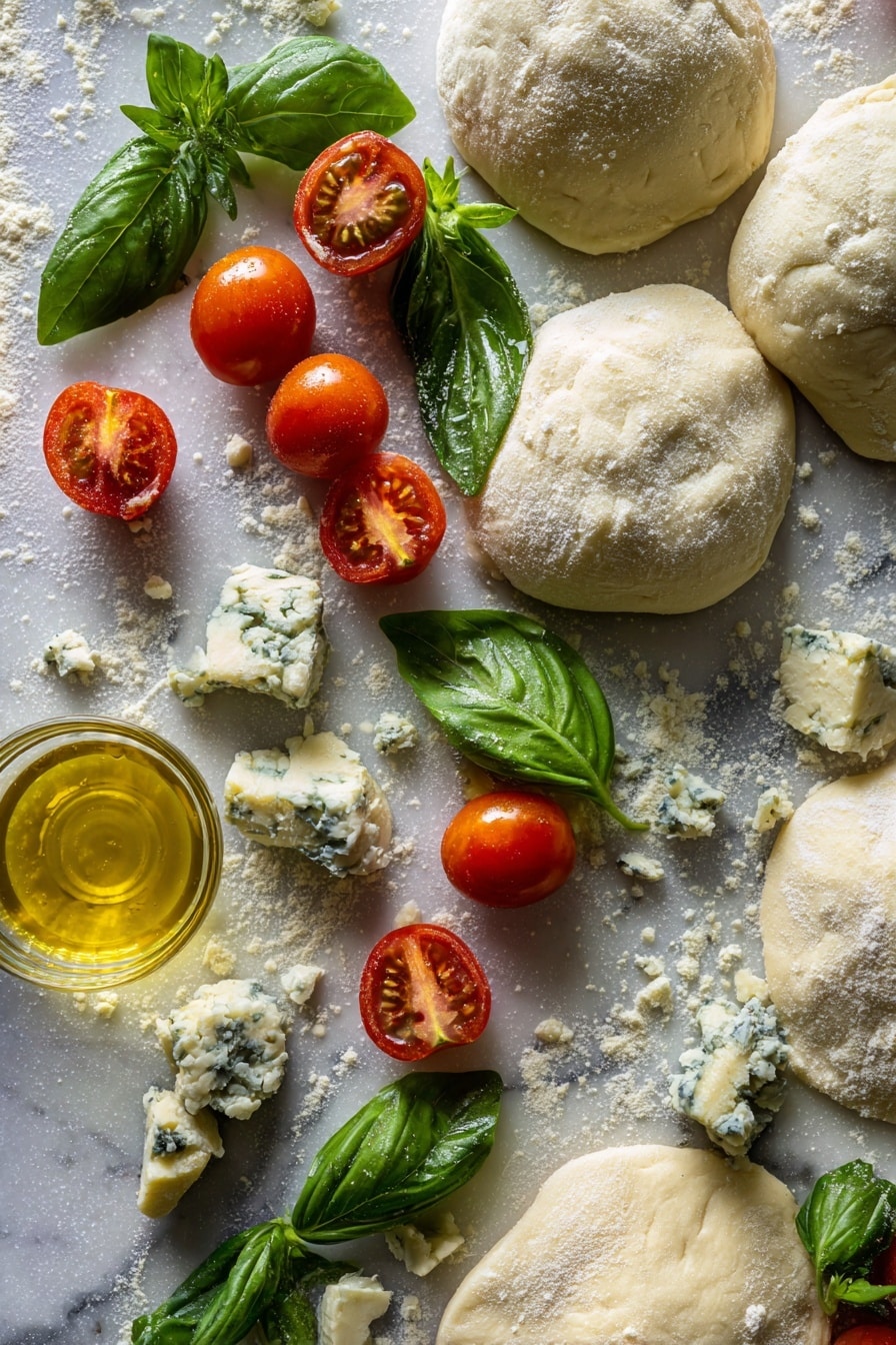 Gorgonzola, Tomato, and Basil Pizzette, easy Gorgonzola pizza bites, quick savory appetizer recipes, homemade mini pizzettes, flavor-packed snack ideas - Flat lay of fresh cherry tomatoes quartered to reveal their juicy red interiors, scattered torn vibrant green basil leaves with delicate veins, chunks of creamy white and pale blue-speckled gorgonzola cheese showing crumbly texture, smooth pale beige pizza dough rounds with light dusting of flour, and a small glass bowl of golden extra virgin olive oil catching the light, all naturally arranged with some overlapping and spacing, enhancing their rich colors and textures, placed on white marbled surface, photo taken with an iphone --ar 2:3 --v 7
