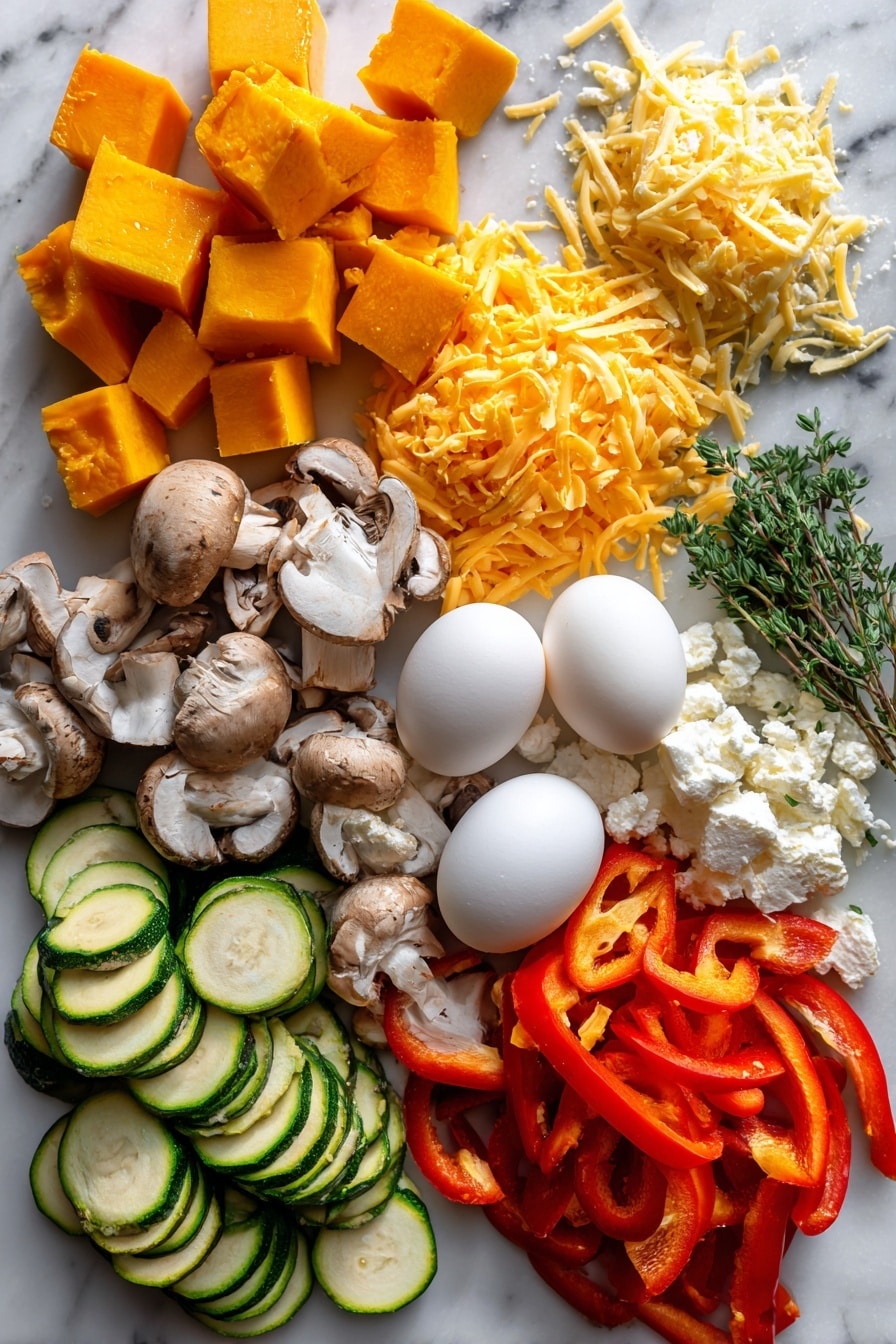 Baked Vegetable Frittata, vegetable frittata, healthy breakfast recipes, brunch ideas, easy egg recipes - Flat lay of vibrant cubed orange pumpkin, round green zucchini slices with smooth skins, bright red bell pepper strips showing glossy texture, whole fresh white eggs with smooth shells, slices of creamy white mushrooms, crumbled white feta cheese with crumbly texture, handful of shredded yellow cheddar cheese, and a few sprigs of fresh green herbs scattered naturally, all arranged beautifully on a white marbled surface, photo taken with an iphone --ar 2:3 --v 7