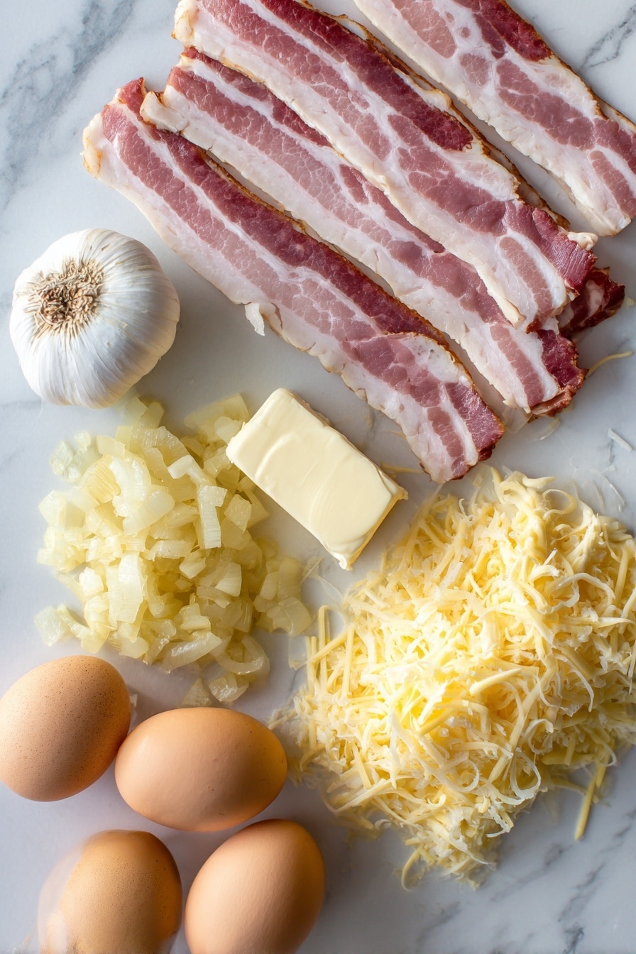 Quiche Lorraine, French quiche recipes, savory brunch ideas, bacon and cheese quiche, classic French dishes - Flat lay of fresh strips of raw pink bacon with white fat marbling, a small pile of golden chopped onions with translucent layers, a bulb of creamy white garlic with a few peeled cloves, smooth pale yellow eggs with a slight sheen, a generous mound of shredded pale yellow gruyere cheese with a soft texture, a pat of rich golden butter, all naturally scattered and softly overlapping, placed on white marbled surface, photo taken with an iphone --ar 2:3 --v 7
