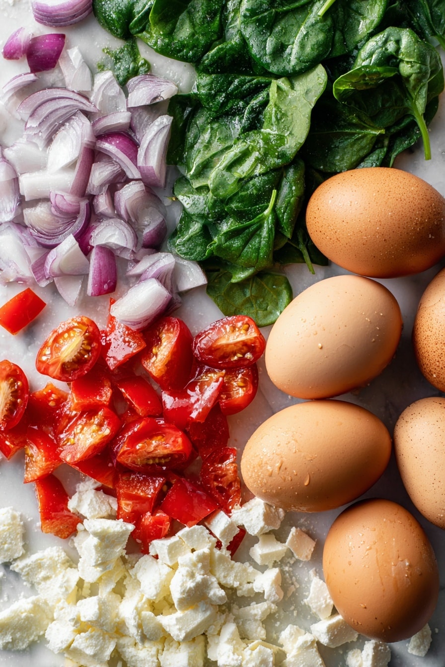 Frittata Egg Muffins, healthy breakfast egg muffins, easy egg muffin recipe, veggie egg muffins, protein-packed breakfast bites - Flat lay of fresh large eggs with smooth brown shells, a handful of bright green chopped spinach leaves with delicate veins, vibrant red diced capsicum pieces with shiny skin, juicy quartered cherry tomatoes showing their glossy red interiors, thinly sliced pale purple shallots with crisp layers, crumbly white feta cheese chunks with a slightly rough texture, all naturally scattered and overlapping slightly to create an inviting mix of colors and shapes, placed on white marbled surface, photo taken with an iphone --ar 2:3 --v 7