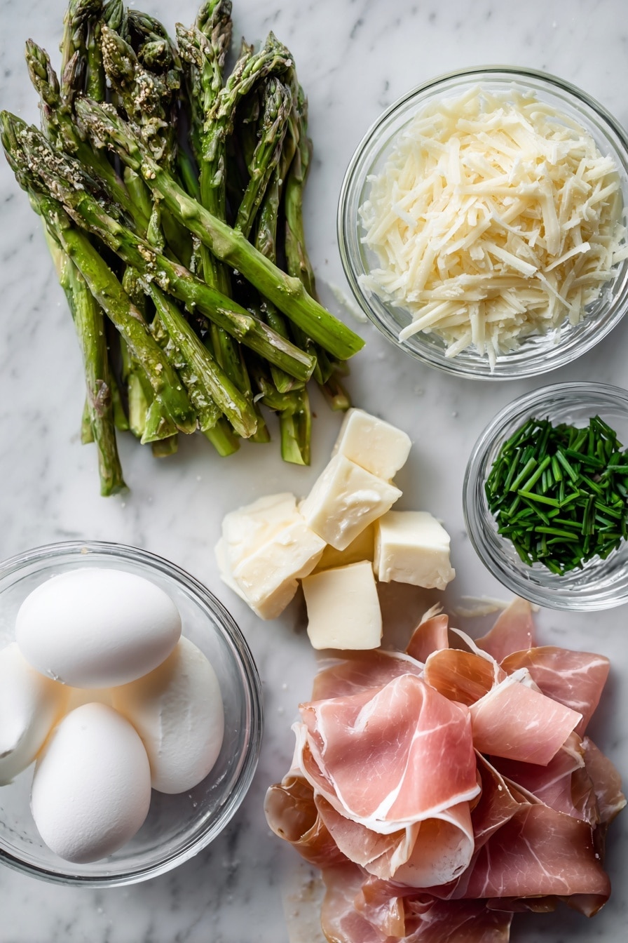 Fluffy Egg White Omelette with Asparagus, Prosciutto, and Pecorino, healthy egg white omelette, asparagus breakfast recipe, prosciutto egg dish, pecorino cheese omelette - Flat lay of fresh egg whites in a small clear bowl showing their glossy, translucent texture, bright green asparagus spears sliced on an angle with a crisp, vibrant look, delicate thin slices of pink prosciutto arranged in gentle folds, finely shredded pale yellow pecorino cheese with a slightly crumbly texture, tiny chive pieces scattered in rich green clusters, small cubes of creamy unsalted butter beginning to soften, and a sprinkle of white pepper grains, all carefully placed on a clean white marbled surface, photo taken with an iphone --ar 2:3 --v 7