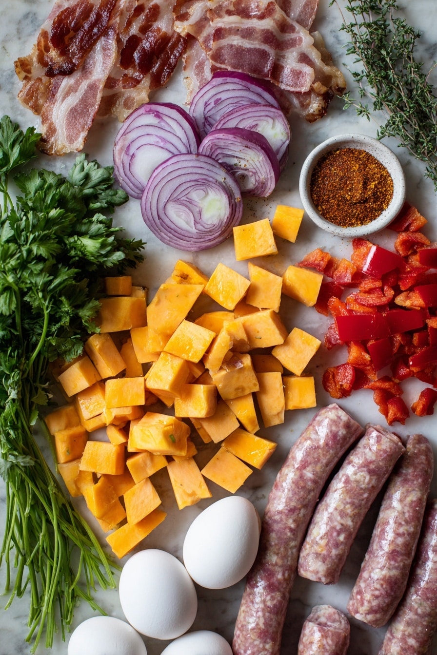 Baked Sausage Breakfast Hash, breakfast hash, easy breakfast ideas, baked breakfast recipes, hearty brunch dishes - Flat lay of peeled russet potatoes cut into rustic cubes, vibrant red bell pepper squares, crisp red onion wedges with their layered texture, plump raw pork sausages with a natural casing sheen, streaky bacon strips showing marbled fat and meat, fresh bright green parsley leaves roughly chopped, whole raw eggs with smooth white shells, and a sprinkling of dried thyme and smoked paprika powders creating warm earthy tones, all naturally arranged with slight overlaps and shadows, placed on white marbled surface, photo taken with an iphone --ar 2:3 --v 7