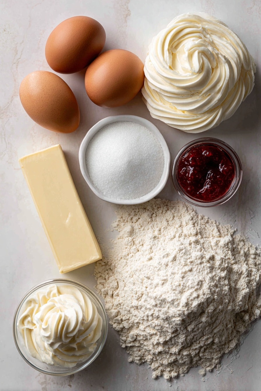 How to Make Fluffy Pikelets with Strawberry Jam and Whipped Cream, fluffy pikelets with strawberry jam, easy pikelet recipe, soft pikelets with toppings, quick breakfast pikelets - Flat lay of fresh large brown eggs with smooth shells, a small mound of fine white sugar crystals sparkling slightly, a neat pile of all-purpose flour with a soft powdery texture, a stick of creamy pale yellow butter showing a gentle sheen, a small glass container of creamy full-fat milk with a slight reflection, a small vanilla bean pod with its dark, glossy exterior, vibrant red strawberry jam with seeds visible, and a swirl of fluffy white whipped cream with soft peaks, all arranged naturally with slight overlaps and shadows, placed on white marbled surface, photo taken with an iphone --ar 2:3 --v 7