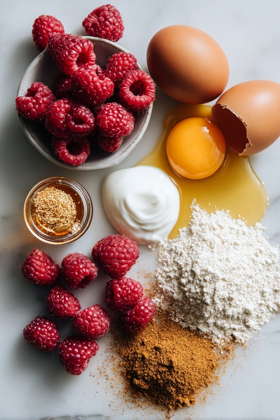 Up-and-Go Breakfast Muffins with Raspberries and Whole Wheat Flour, healthy raspberry breakfast muffins, quick wholesome breakfast recipes, nutritious muffin ideas, raspberry whole wheat muffins - Flat lay of fresh whole raspberries, halved ripe red raspberries showing their juicy interior, a cracked large brown egg with bright yellow yolk, a small glass jar of golden honey with honeycomb texture, a smooth dollop of plain white yogurt, a chunk of golden wheat germ with a coarse texture, scattered light brown wholemeal flour, a small heap of warm cinnamon powder with fine texture, and a pool of melted coconut oil with a clear, glossy surface, all beautifully arranged with natural light highlighting their colors and textures, placed on white marbled surface, photo taken with an iphone --ar 2:3 --v 7