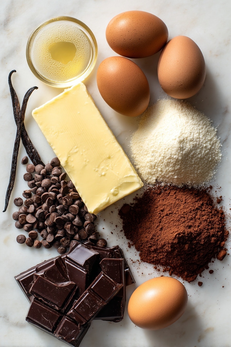 Easy Chocolate Fudge Cake, chocolate fudge cake, rich chocolate dessert, simple chocolate cake, indulgent chocolate treat - Flat lay of glossy dark chocolate chips in rich deep brown, a block of creamy salted butter with smooth pale yellow texture, piles of fine white caster sugar sparkling softly, velvety matte cocoa powder in a dusty reddish-brown heap, fresh glossy brown eggs with smooth shells, light golden vegetable oil in a small clear puddle, delicate pale vanilla bean pod with tiny black seeds visible, and a small heap of dark brown coffee granules with a slightly coarse texture, all carefully arranged with natural spacing to highlight their colors and textures, placed on white marbled surface, photo taken with an iphone --ar 2:3 --v 7