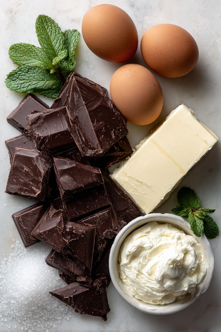 Decadent Chocolate Mousse, Chocolate Mousse Recipe, Easy Chocolate Dessert, Silky Chocolate Dessert, Rich Chocolate Treats - Flat lay of fresh whole dark chocolate chunks with rich deep brown color and smooth glossy texture, glossy brown eggs with smooth shells, a small slab of creamy pale yellow unsalted butter, a bowl of thick white cream with soft peaks visible, a scattering of superfine white sugar crystals sparkling softly, bright red raspberries with delicate drupelets clustered neatly, and a small sprig of fresh green mint with textured leaves, all beautifully arranged in a natural, slightly overlapping way to create depth and contrast, placed on white marbled surface, photo taken with an iphone --ar 2:3 --v 7