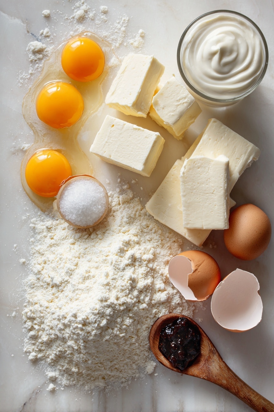 Basque Cheesecake, Basque Cheesecake Recipe, Burnt Cheesecake, Rustic Cheesecake, Creamy Baked Cheesecake - Flat lay of smooth cream cheese blocks with their soft, pale ivory texture, a small heap of fine white caster sugar sparkling gently, a fresh glass of thick, white whipping cream with a silky surface, a neat pile of off-white all-purpose flour with a powdery texture, rich golden yolks from a few large eggs cracked open to show their vivid, glossy centers, and a small wooden spoon dollop of dark, glossy vanilla bean paste with visible seeds, all beautifully arranged in a natural, loose grouping with soft shadows, placed on white marbled surface, photo taken with an iphone --ar 2:3 --v 7