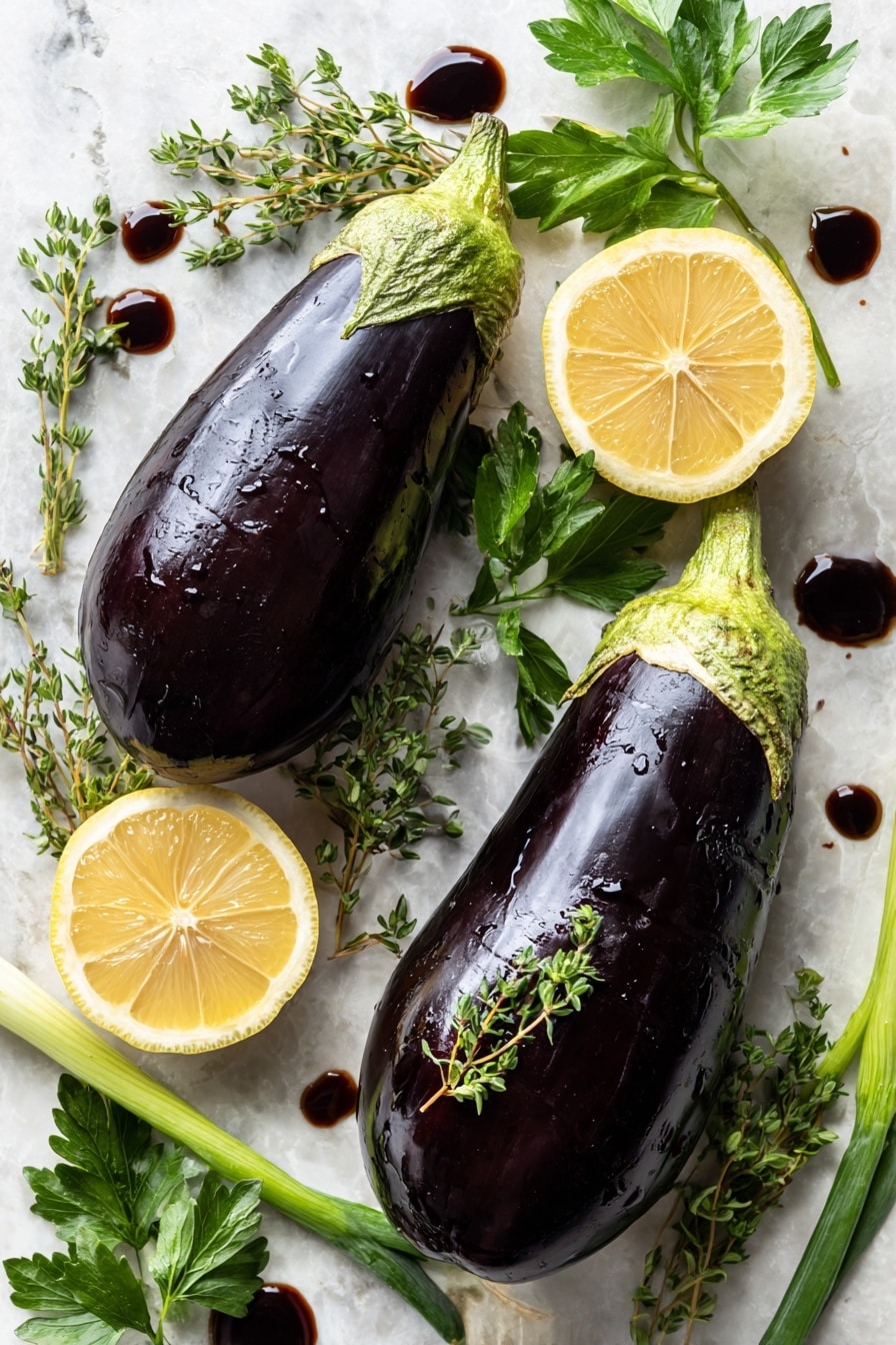 Oven Roasted Eggplant, roasted eggplant, aubergine preparation, healthy eggplant side dish, eggplant recipe - Flat lay of two medium deep purple eggplants with glossy smooth skin, fresh bright green thyme sprigs scattered delicately around, vibrant lemon halves with bright yellow peel and juicy textured flesh, fresh parsley leaves in rich green hues, slender green onion stalks with crisp white bases and vivid green tops, and small puddles of dark glossy balsamic glaze, arranged naturally with some herbs resting on the lemon halves, placed on white marbled surface, photo taken with an iphone --ar 2:3 --v 7