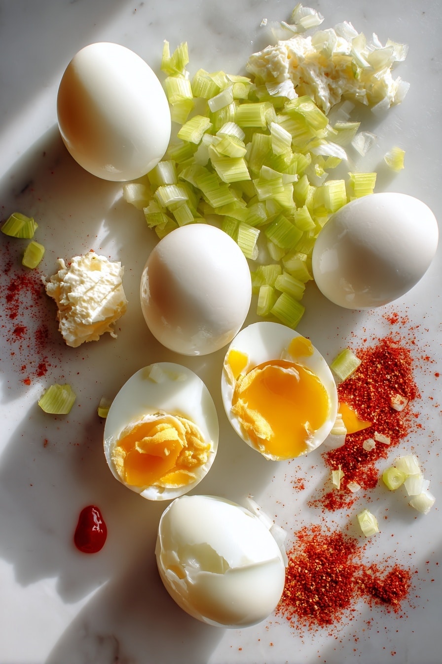 Deviled Eggs Deluxe, deviled eggs with celery and onion, gourmet deviled eggs, spicy deviled eggs, easy deviled eggs recipe - Flat lay of six large smooth white eggs, some whole and some cracked open to reveal bright yellow yolks, a small heap of finely chopped pale green celery with crisp edges, finely diced translucent sweet onion pieces, a soft dollop of creamy pale off-white mayonnaise, scattered small red paprika powder specks adding vibrant color, and a tiny splash of deep red tabasco sauce in a glass droplet, all neatly arranged with natural light highlighting the textures and colors, placed on white marbled surface, photo taken with an iphone --ar 2:3 --v 7