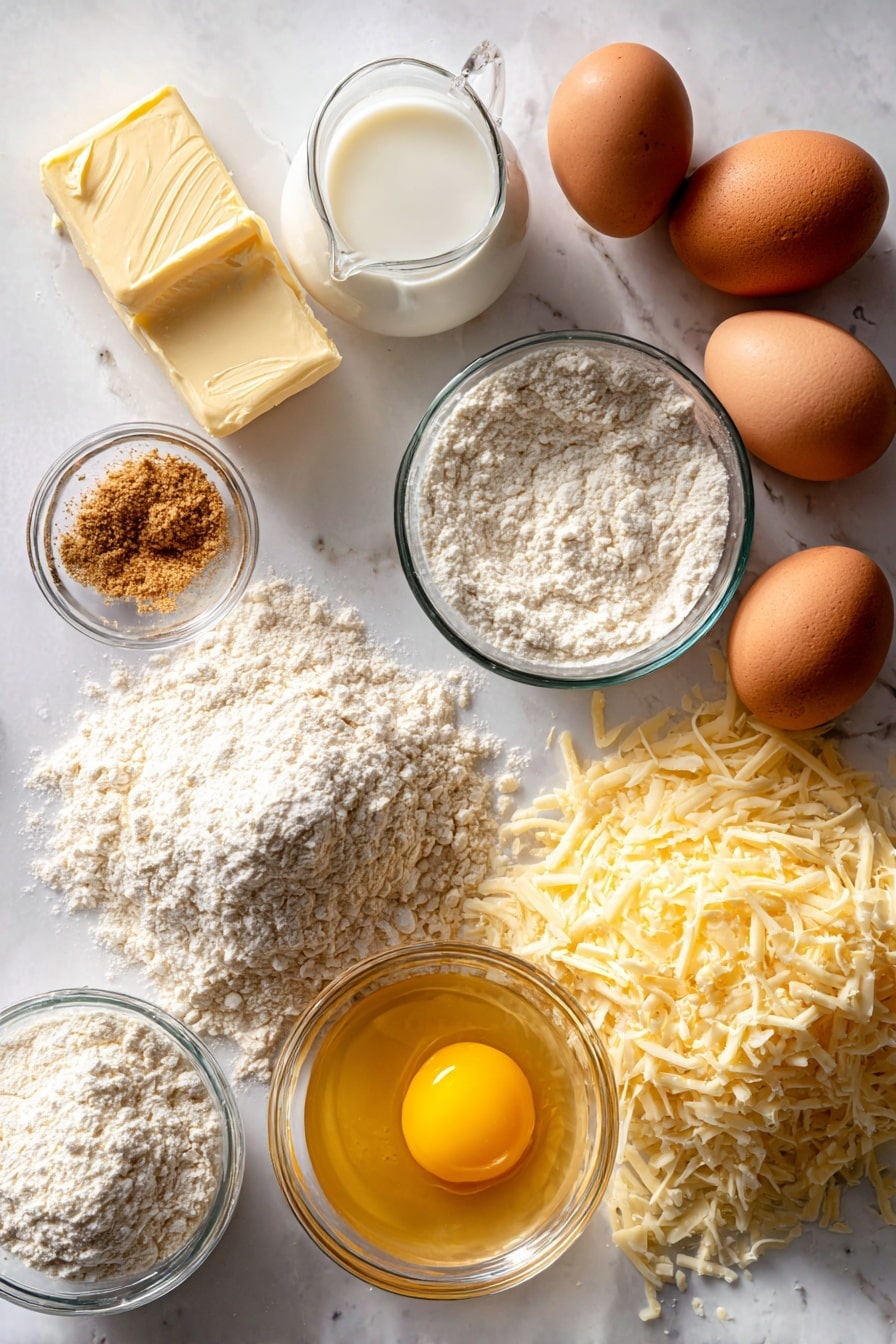 Slow Cooker Candied Kielbasa, kielbasa appetizer, easy slow cooker recipes, party finger foods, savory sweet sausage dish - Flat lay of a half cup of unsalted butter in a soft golden block, a small glass bowl of creamy white milk, clear water in a glass pitcher, a small heap of light brown nutmeg powder, a mound of fine all-purpose flour with a slightly powdery texture, four large smooth brown eggs, a generous pile of shredded Gruyere cheese with pale yellow color and slightly curly edges, and a separate small bowl of bright yellow egg yolk with a glossy surface, all beautifully arranged with natural spacing and soft shadows, placed on white marbled surface, photo taken with an iphone --ar 2:3 --v 7