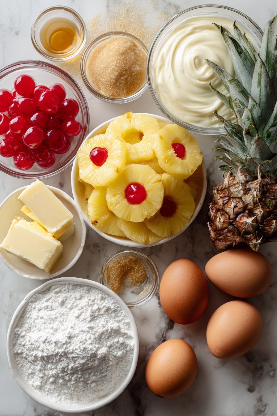 Pineapple Upside Down Cake, pineapple upside down cake recipe, tropical cake, caramelized pineapple cake, easy pineapple cake - Flat lay of bright yellow canned pineapple slices with glossy maraschino cherries nestled inside the rings, chunks of fresh pineapple with a juicy texture, a small pile of golden brown sugar crystals, a smooth stick of soft unsalted butter, a bowl of creamy white sour cream with a slight sheen, whole large eggs with smooth brown shells, a scattering of fine white flour dust, and a small satiny bottle of vanilla extract, all beautifully arranged in harmony with pops of red and yellow hues and creamy whites, placed on white marbled surface, photo taken with an iphone --ar 2:3 --v 7