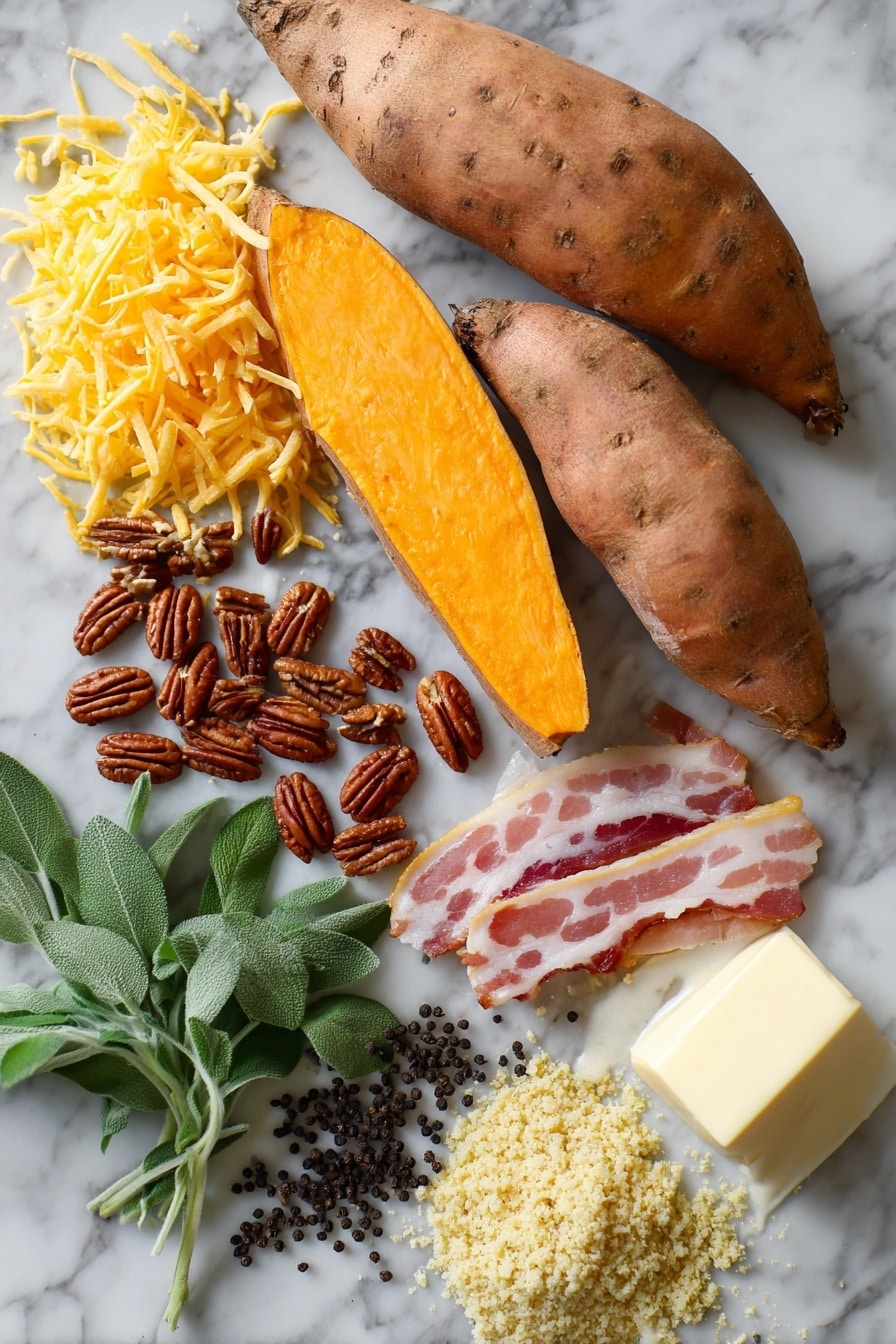 Holiday Stuffed Sweet Potato, holiday sweet potato casserole, festive sweet potato recipes, cozy holiday side dish, easy holiday sweet potato - Flat lay of whole sweet potatoes with vibrant orange skin and rough texture, scattered toasted pecan nuts with rich brown tones and glossy finish, raw streaky bacon strips showing pink and white marbling, a small pile of bright yellow shredded colby cheese, fresh green sage leaves finely chopped in a small heap, whole black peppercorns with deep black color, golden panko breadcrumbs with a crumbly texture, and a chunk of creamy unsalted butter with a smooth surface, all beautifully arranged with natural spacing and slight overlaps, placed on white marbled surface, photo taken with an iphone --ar 2:3 --v 7