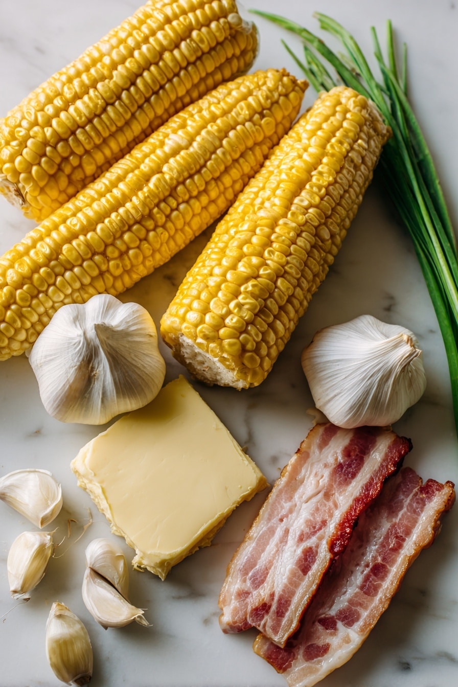 Miso Butter Corn with Bacon and Green Onion, flavorful corn side dish, easy corn recipes, savory butter corn, bacon corn side dish - Flat lay of fresh golden corn cobs with bright yellow kernels partially cut off, plump pieces of streaky bacon with rich reddish-brown and creamy white fat marbling, a smooth pat of pale yellow unsalted butter mixed with creamy off-white white miso paste, vibrant green sliced scallions showing fresh crisp texture, two glossy garlic cloves with papery white skin, all naturally arranged with some loose corn kernels scattered around, placed on white marbled surface, photo taken with an iphone --ar 2:3 --v 7