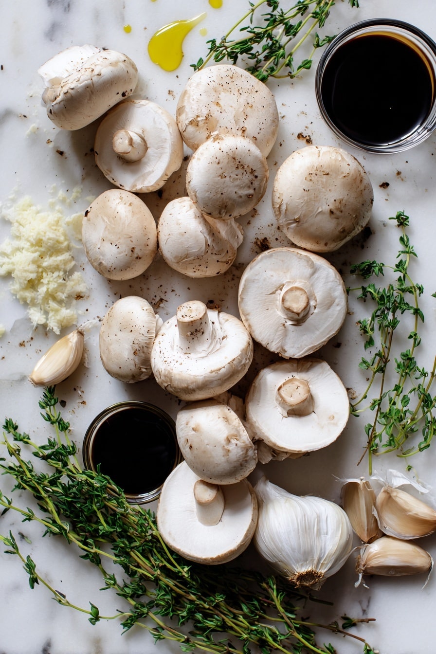 Balsamic Marinated Mushrooms, mushroom marinade, flavorful mushroom recipes, easy mushroom side dish, marinated mushroom appetizer - Flat lay of fresh whole white mushrooms, some small and some halved to show their smooth, creamy texture, scattered artfully alongside vibrant green sprigs of fresh thyme with delicate leaves, two garlic cloves—one finely minced with tiny white pieces and two whole cloves with papery skin still on displaying a slightly rough texture, a small pool of glossy dark balsamic vinegar with deep mahogany color, and a small drizzle of golden extra virgin olive oil catching the light, all naturally arranged to highlight their fresh, earthy tones and textures, placed on white marbled surface, photo taken with an iphone --ar 2:3 --v 7