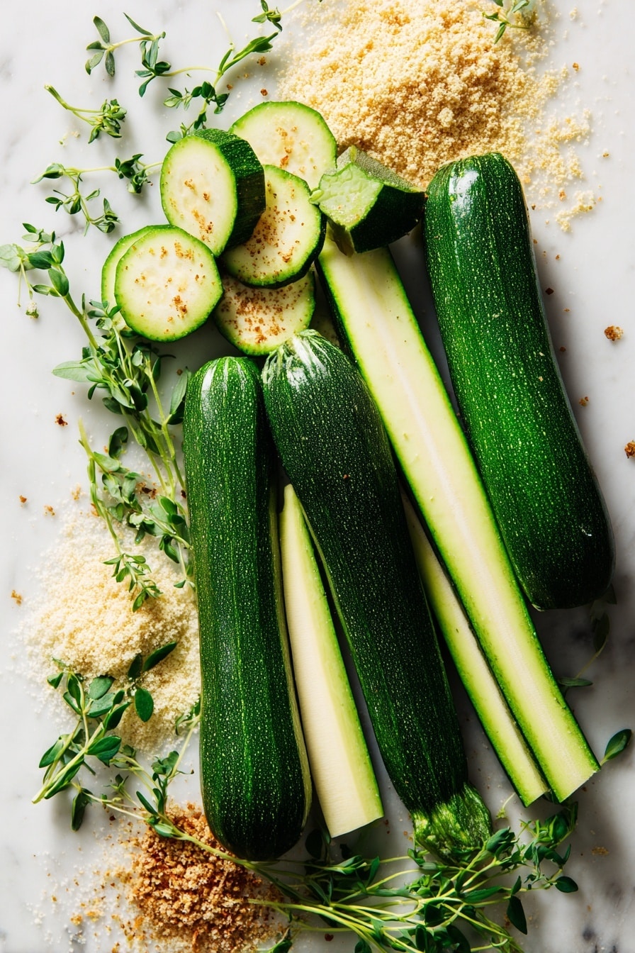 Baked Zucchini, Quick and Easy Baked Zucchini, Cheesy Zucchini Side Dish, Crispy Zucchini Recipe, Healthy Zucchini Snack - Flat lay of fresh zucchinis in varying sizes, some whole and some cut lengthwise into long wedges showing their pale green flesh and dark green skin, scattered golden breadcrumbs with their coarse texture, fine grated parmesan cheese in small piles with a slightly sandy appearance, vibrant green sprigs of fresh herbs, all arranged naturally and loosely on a clean white marbled surface, photo taken with an iphone --ar 2:3 --v 7