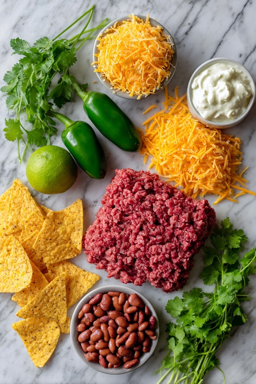 Ground Beef Nachos, cheesy beef nachos, spicy beef nachos, easy nachos recipe, party snack recipes - Flat lay of fresh ground beef with rich red color and marbled texture, bright green jalapeno peppers with smooth shiny skin, creamy white sour cream with a hint of fresh lime beside vibrant green cilantro leaves with delicate serrated edges, shredded sharp cheddar cheese in warm orange tones, pepper jack cheese speckled with red and green bits, golden yellow tortilla chips with a crispy texture, and plump refried beans in a deep reddish-brown hue, all artfully scattered and overlapping naturally, placed on white marbled surface, photo taken with an iphone --ar 2:3 --v 7