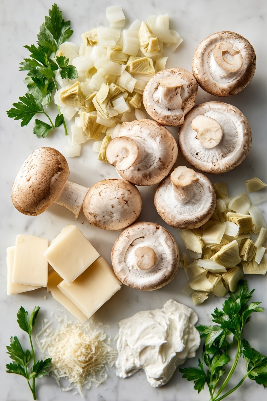 Artichoke Stuffed Mushrooms, stuffed mushroom appetizer, savory mushroom recipes, easy party appetizers, creamy mushroom stuffing - Flat lay of large fresh button mushrooms with smooth white caps and pale gills, finely chopped pale green artichoke hearts with their soft, slightly fibrous texture, small diced translucent yellow onions, wedges of creamy off-white cream cheese with a smooth surface, a small mound of grated pale yellow Parmesan cheese with a crumbly texture, dollops of thick white sour cream, scattered bright green fresh parsley leaves with delicate serrated edges, all arranged naturally with slight overlaps and varied angles, placed on white marbled surface, photo taken with an iphone --ar 2:3 --v 7