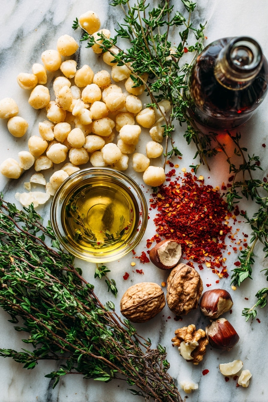 Savory Herb-Crusted Nuts, savory nut snack, herb-coated nuts recipe, seasoned nuts with herbs, flavorful nut mix - Flat lay of raw macadamia nuts and walnuts scattered naturally, fresh green sprigs of thyme and rosemary gently placed nearby, small piles of vibrant dried red pepper flakes adding a pop of red color, a small glass dish of rich golden olive oil catching the light, and a rustic bottle of dark Worcestershire sauce with its deep brown hue, all arranged harmoniously to highlight their textures and colors, placed on white marbled surface, photo taken with an iphone --ar 2:3 --v 7