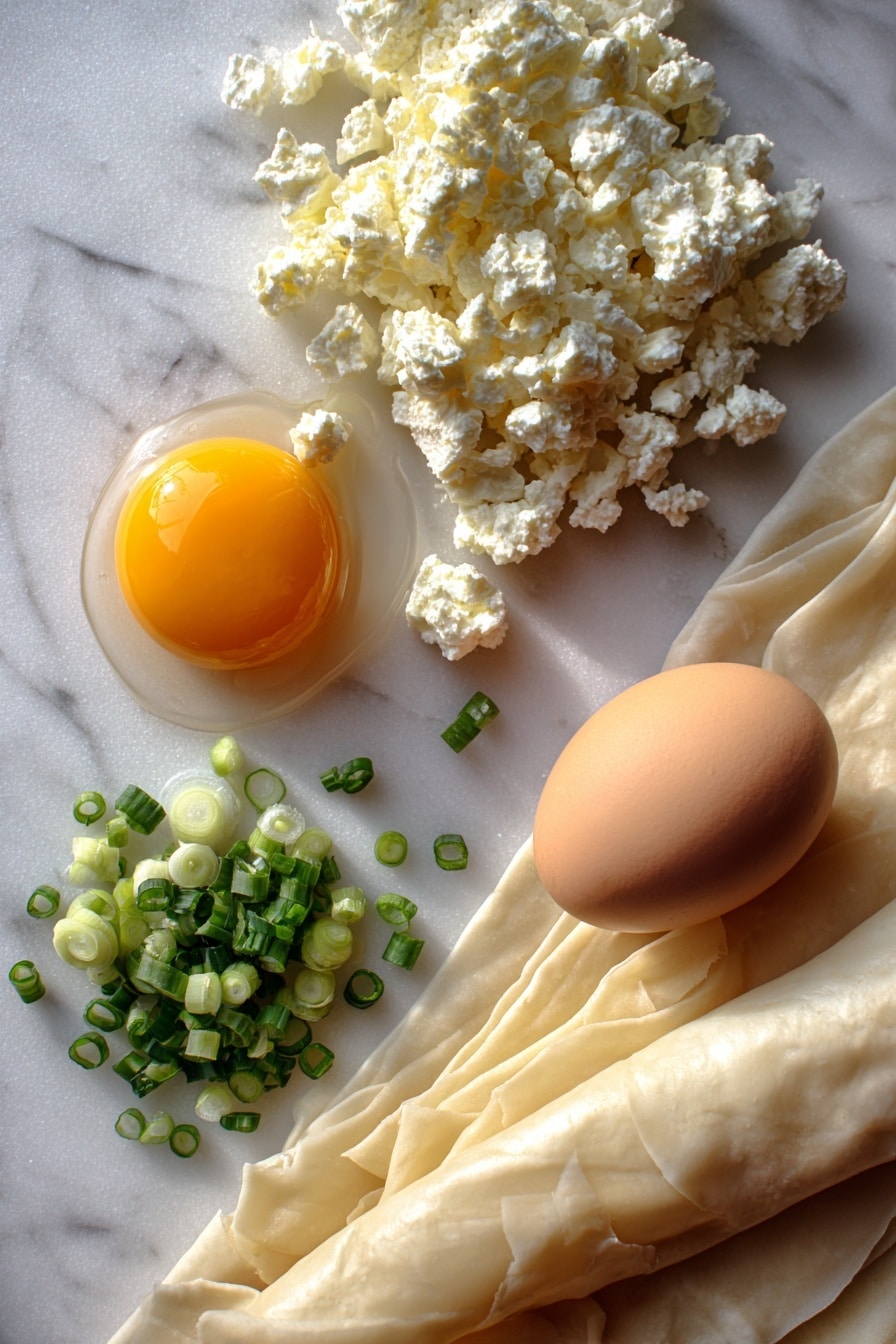 Cheese Pockets, savory cheese snacks, easy appetizer ideas, flaky pastry bites, feta and green onion pastries - Flat lay of crumbly white feta cheese chunks mixed with finely chopped bright green onions, a glossy golden egg yolk next to a whole light brown egg, and soft, pale beige sheets of thawed puff pastry rolled out thinly with delicate folds, all naturally arranged with contrasting textures and fresh colors, placed on white marbled surface, photo taken with an iphone --ar 2:3 --v 7