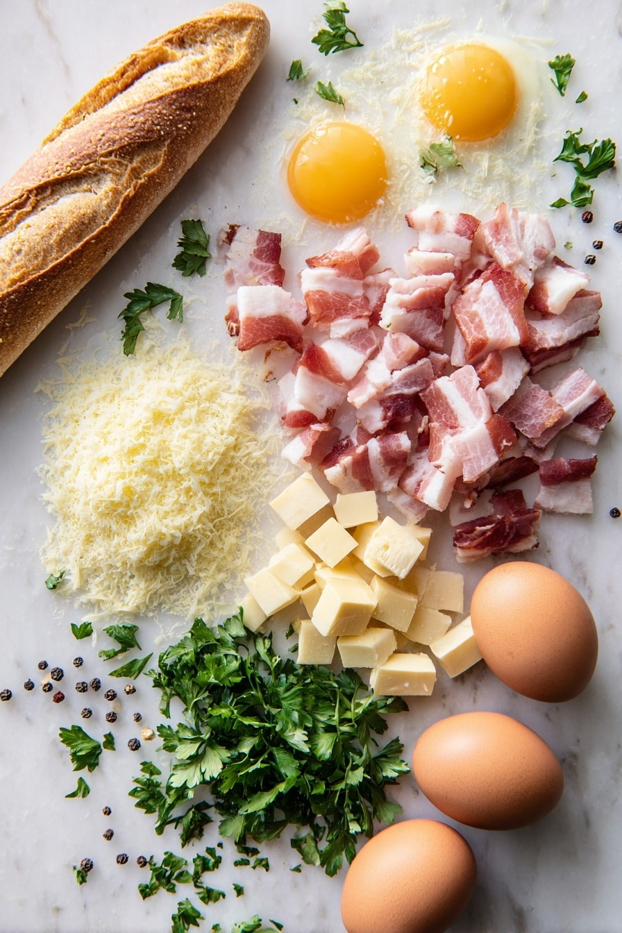 Cheese & Bacon Breakfast Strata Cake, breakfast casserole, bacon breakfast bake, cheesy brunch dish, easy breakfast ideas - Flat lay of diced raw pink bacon pieces with streaks of white fat, large fresh brown eggs with smooth shells, rustic crusty baguette bread cubes in golden beige tones, shredded pale yellow cheese with soft texture, bright green finely chopped parsley leaves scattered lightly, whole black peppercorns, all arranged naturally with slight overlaps and shadows, placed on white marbled surface, photo taken with an iphone --ar 2:3 --v 7