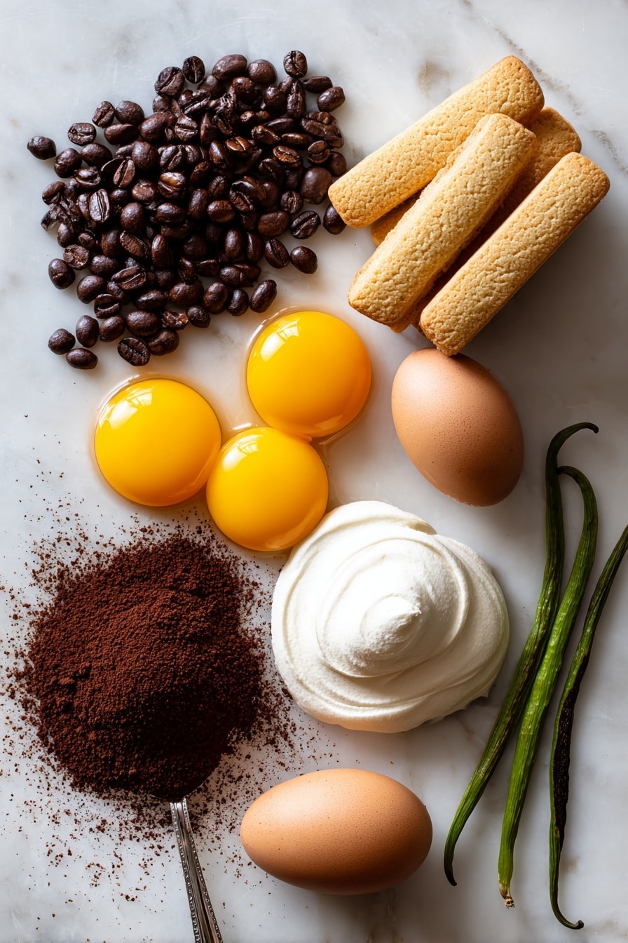 Easy Tiramisu Tiramisu Dessert Classic Italian Dessert Coffee-soaked Tiramisu - Flat lay of fresh whole eggs with bright yellow yolks nestled beside fluffy pure white egg whites, smooth off-white mascarpone cheese in a soft mound, rich dark roasted coffee beans spilling gently next to a small glass of deep brown coffee, golden crisp ladyfinger biscuits arranged in a neat stack, a small heap of fine dark brown cocoa powder, and a few glossy green vanilla bean pods set casually nearby, all beautifully arranged with varied textures and natural colors creating harmony and contrast, placed on white marbled surface, photo taken with an iphone --ar 2:3 --v 7