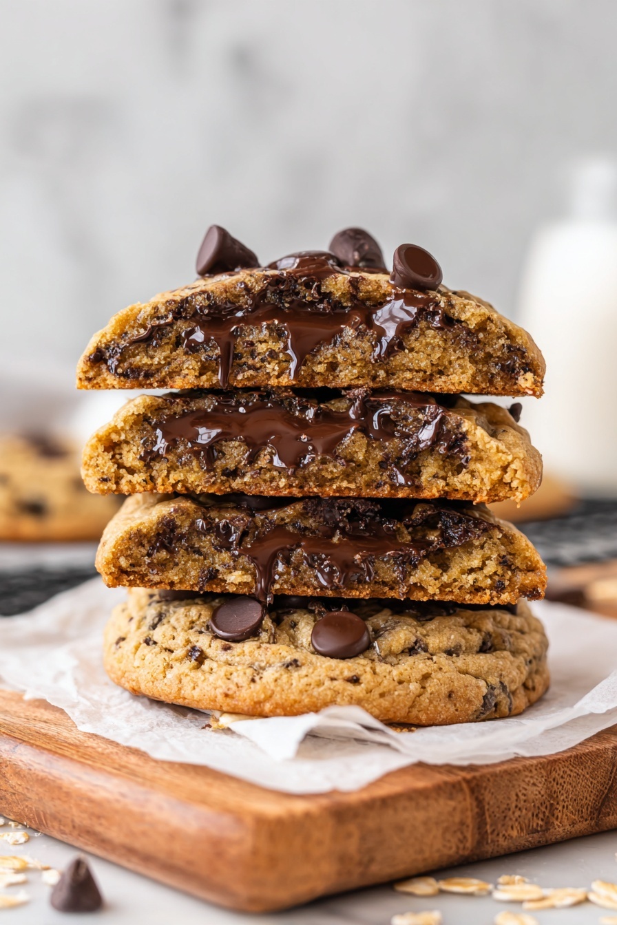 Giant Air Fryer Oatmeal Cookie, air fryer oatmeal cookie, quick oatmeal cookie, easy air fryer desserts, homemade oatmeal cookie - A clear glass bowl sits on a white marbled surface, containing three main layers evenly placed inside: a layer of light brown creamy peanut butter at the bottom, topped by a thick layer of beige rolled oats, and a pile of dark brown chocolate chips resting on one side of the oats. A white spatula with a soft tip is inside the bowl, touching the layers, ready to mix. In the background, the edge of a black and silver air fryer is partially visible, and a gray and white striped cloth lies nearby. photo taken with an iphone --ar 2:3 --v 7