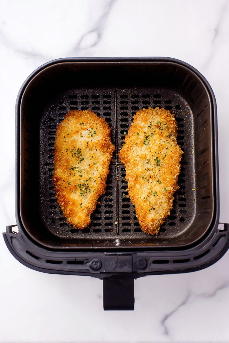 Air Fryer Ranch Chicken Breasts, healthy chicken recipes, crispy baked chicken, quick dinner ideas, easy air fryer chicken - Two golden brown breaded chicken fillets lie side by side inside a black square air fryer basket with a black handle, resting on a white marbled surface. The chicken pieces are sprinkled with small green herb flakes, showing a crispy and slightly rough texture. The air fryer basket has a perforated grid base with circular and straight vent holes. The photo is bright with even lighting, captured from a top-down view. photo taken with an iphone --ar 2:3 --v 7