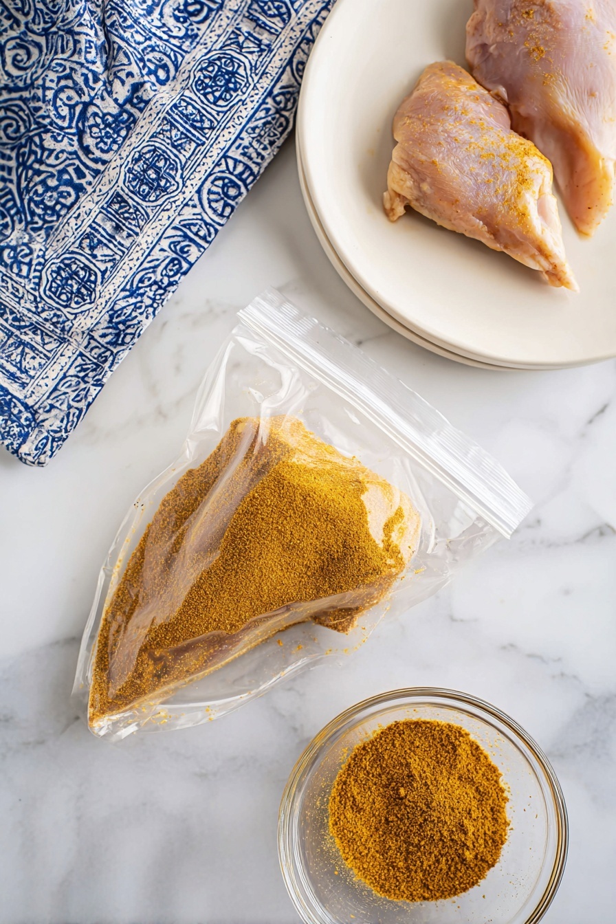 Air Fryer Shake and Bake Chicken, crispy air fryer chicken, healthy air fryer chicken recipe, quick air fryer chicken dinner, easy crispy chicken - A black air fryer basket holds three pieces of golden brown fried chicken with a crispy textured crust. To the right, there is a black pot filled with bright green broccoli florets, and below it, a matching black pot with creamy white mashed potatoes topped with a small pat of melted butter. On the bottom right corner, a white plate has two silver forks resting on it, all set on a white marbled surface. Two clear glass shakers with silver tops sit near the bottom left corner next to a blue and white cloth. Photo taken with an iphone --ar 2:3 --v 7