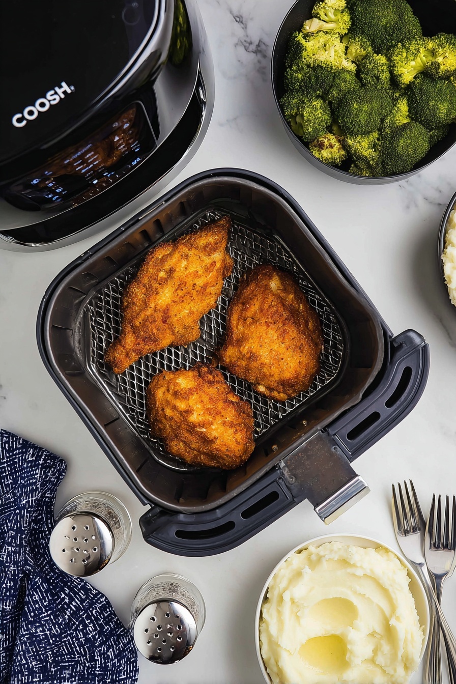 Air Fryer Shake and Bake Chicken, crispy air fryer chicken, healthy air fryer chicken recipe, quick air fryer chicken dinner, easy crispy chicken - A white plate holds three parts: bright green broccoli florets at the back, smooth white mashed potatoes with a small pool of melted butter and a sprinkle of black pepper in the center, and several thick slices of golden brown breaded chicken arranged in a fanned-out pattern on the right side. The plate sits on a white marbled surface, with a dark blue cloth partially visible underneath. Photo taken with an iphone --ar 2:3 --v 7