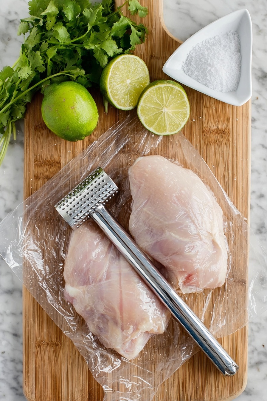 Air Fryer Chicken Burrito Bowl, healthy burrito bowl, quick dinner recipes, Tex-Mex bowls, easy air fryer recipes - The image shows several pieces of cooked, sliced chicken with a browned and spiced crust, cut into small cubes and scattered on a white marbled surface. The chicken is white inside with a golden-brown exterior, sprinkled with bright green chopped herbs on top. To the top left, there is a half-squeezed lime with a juicy, textured green-yellow surface adding a fresh look. The overall presentation is casual and rustic, focusing on the texture and seasoning of the meat, with visible knife marks on the white marbled surface. photo taken with an iphone --ar 2:3 --v 7