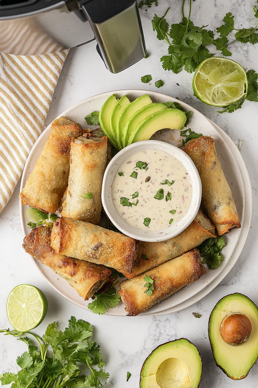 Air Fryer Avocado Egg Rolls, healthy avocado egg rolls, crispy egg roll appetizer, easy air fryer snacks, avocado egg rolls with dipping sauce - A white plate holds a stack of about eight golden brown crispy egg rolls arranged in a loose circle with some overlapping. On top of the egg rolls are three thin slices of green avocado and scattered small pieces of fresh green cilantro. In the center of the plate is a small white bowl filled with a creamy pale sauce speckled with herbs and spices. Lime wedges with bright green skin and pale green flesh are placed around the plate on the white marbled surface. Two halved avocados, one showing its seed, and a small bunch of fresh green cilantro sit nearby. A stainless steel air fryer and a beige striped cloth are visible in the background. Photo taken with an iphone --ar 2:3 --v 7