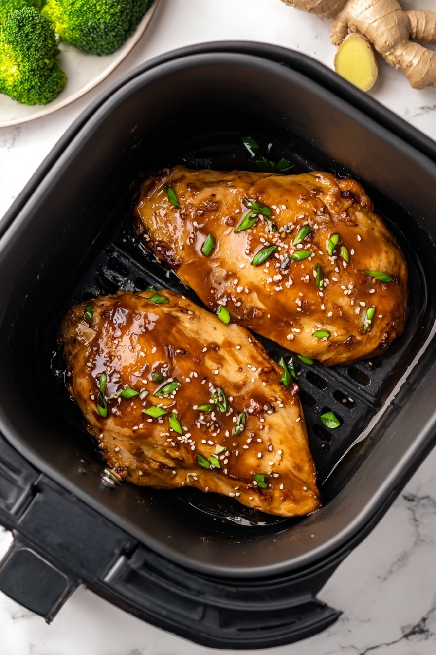 Air Fryer Teriyaki Chicken, healthy air fryer chicken recipes, easy weeknight chicken dinner, flavorful teriyaki chicken, quick air fryer chicken - Two large pieces of marinated chicken sit inside a black air fryer basket. The chicken is shiny with a brown sauce coating, showing some caramelized spots and slight texture from the marinade. The basket's base has ridges and holes, adding texture beneath the chicken. The air fryer is opened and placed on a white marbled surface with a beige striped towel partially visible on the right side. Photo taken with an iphone --ar 2:3 --v 7