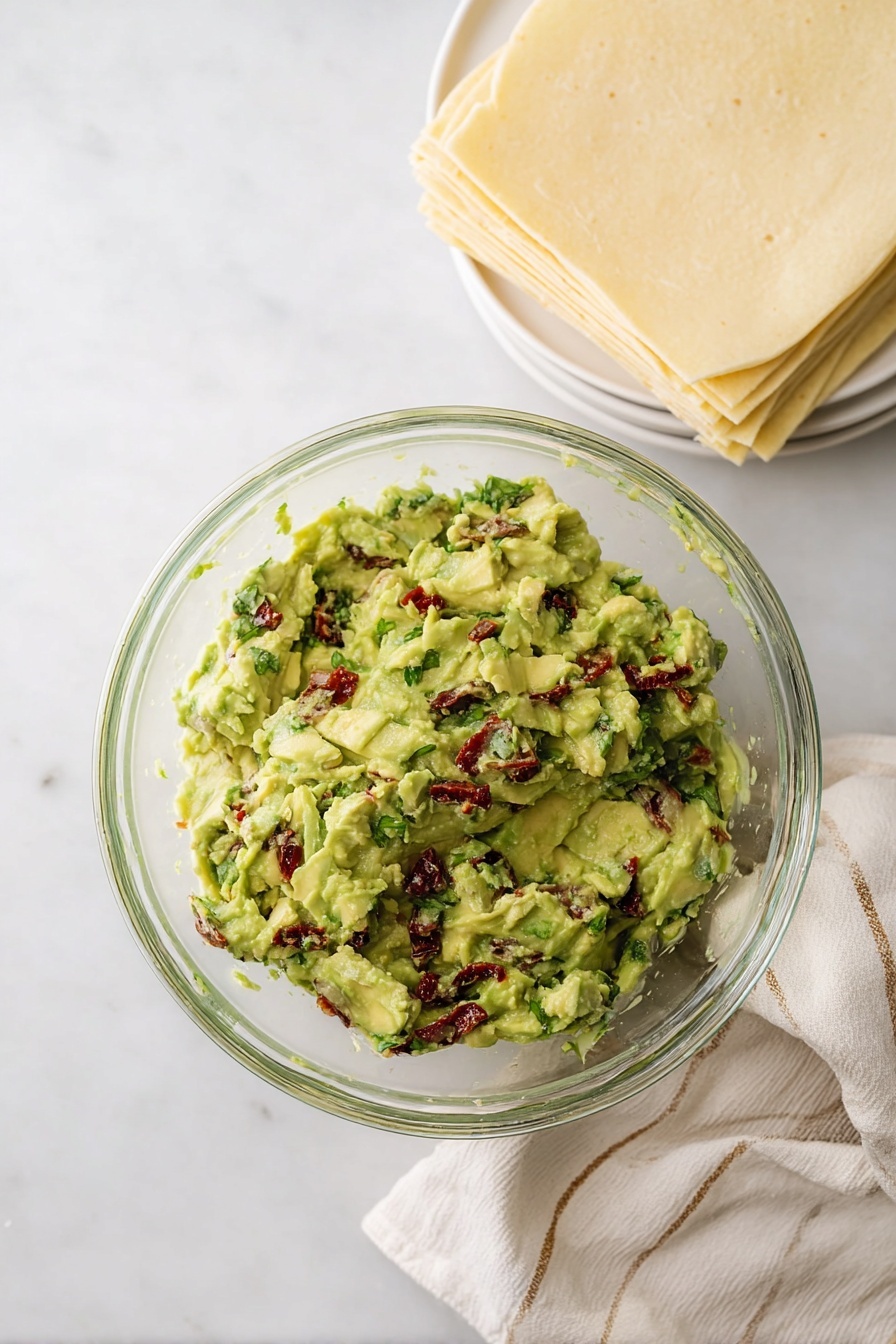 Air Fryer Avocado Egg Rolls, healthy avocado egg rolls, crispy egg roll appetizer, easy air fryer snacks, avocado egg rolls with dipping sauce - A clear glass bowl filled with chunky guacamole showing bright green avocado mixed with bits of deep red sun-dried tomatoes, light purple onion pieces, and flecks of fresh green herbs throughout. Next to the bowl is a white plate stacked neatly with square, pale yellow tortilla wraps. A soft white cloth with light brown stripes is placed partially under the bowl on a white marbled surface. photo taken with an iphone --ar 2:3 --v 7