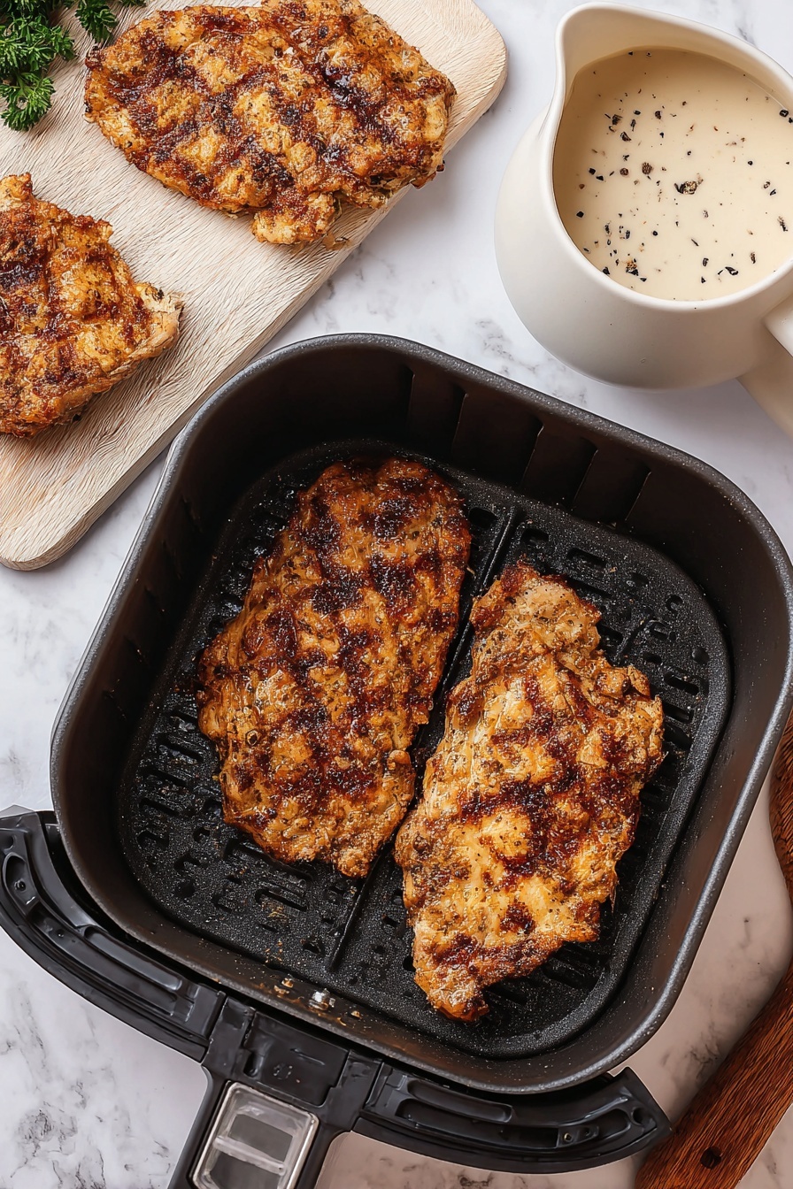 Air Fryer Chicken Fried Steak with Cream Gravy, chicken fried steak, crispy fried steak, homemade gravy, Southern comfort food - The image shows three pieces of cooked fried food with a rough, crispy brown texture. Two pieces are in a black air fryer basket at the center, each piece showing darker brown grill marks and some uneven crispy patches. Another piece is on a white wooden cutting board to the top left, showing the same rough texture and golden brown color. To the top right, there is a white jug filled with a thick creamy sauce speckled with black pepper. The background is a white marbled surface with a bit of green herb at the top left corner and a wooden tool partially visible on the right side. Photo taken with an iphone --ar 2:3 --v 7
